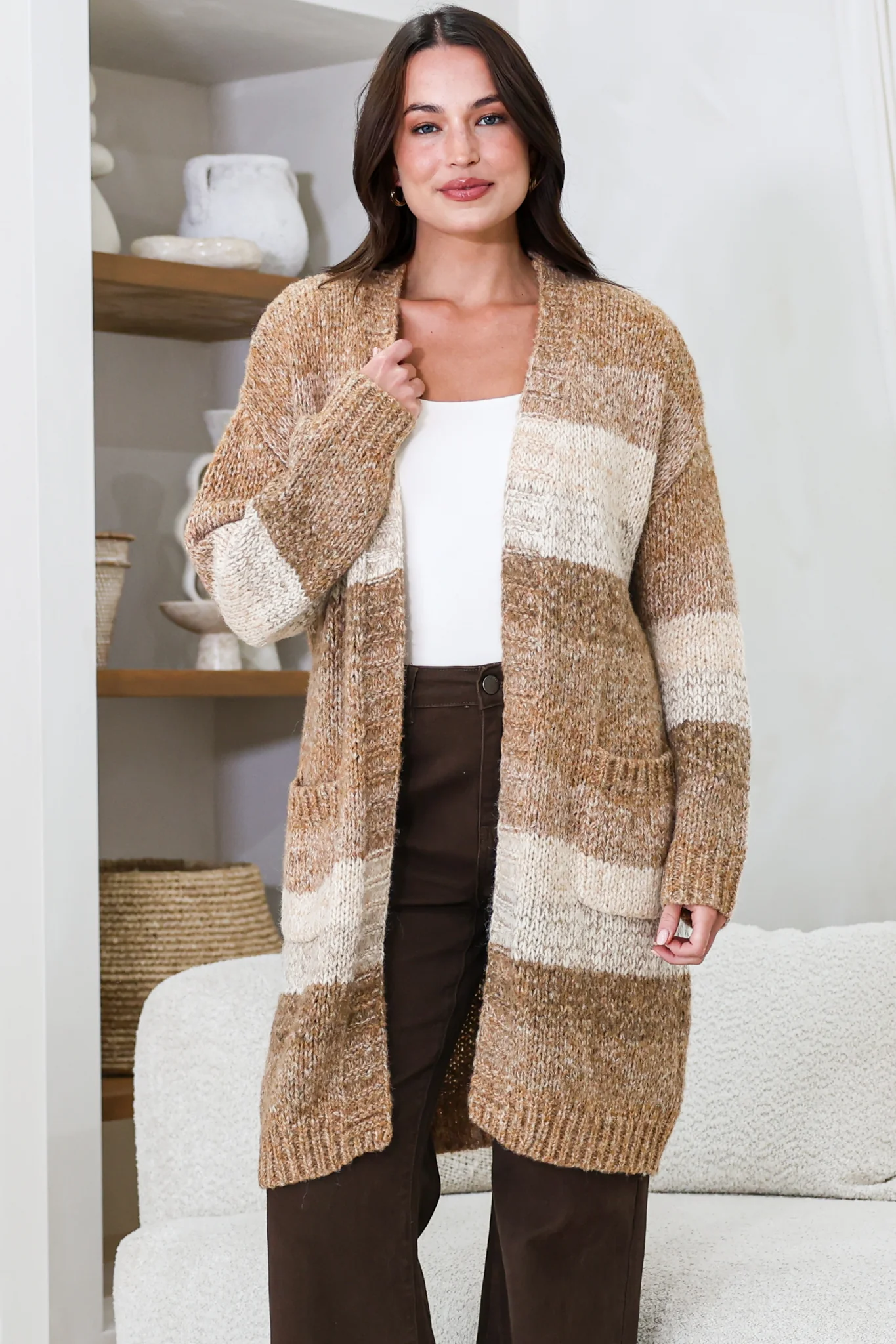 Ollie Cardigan - Open Front Stripe Knit with Pockets in Camel