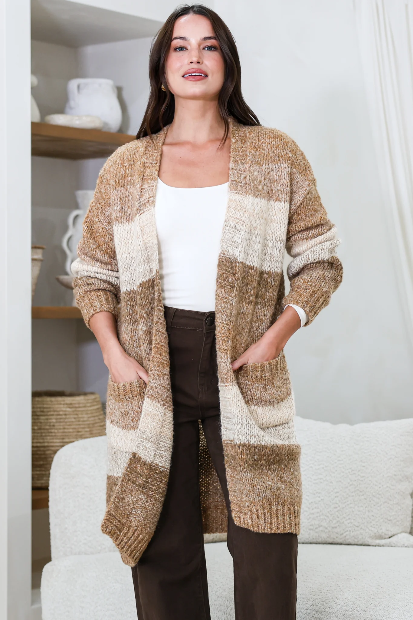 Ollie Cardigan - Open Front Stripe Knit with Pockets in Camel - Image 4