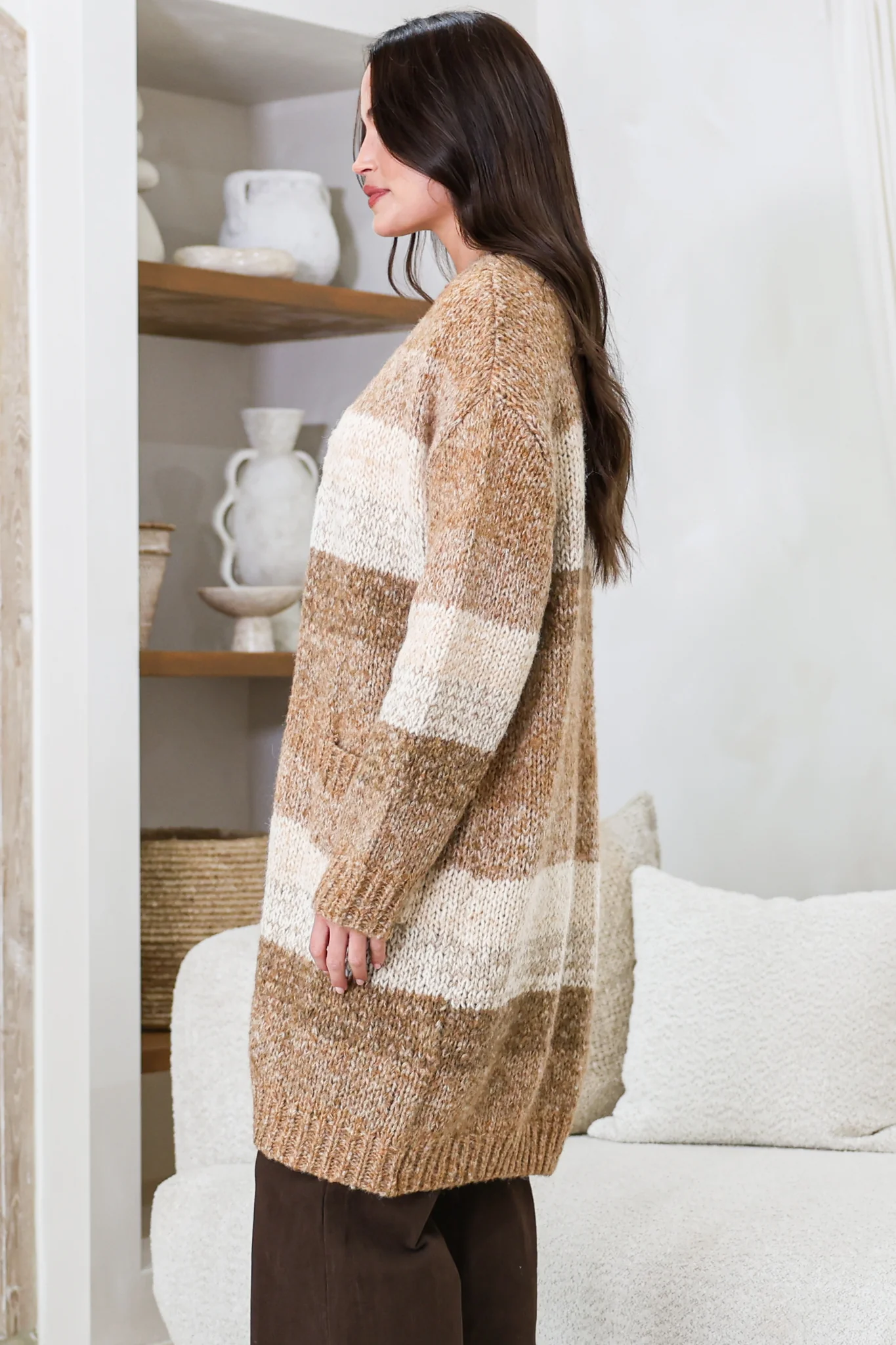 Ollie Cardigan - Open Front Stripe Knit with Pockets in Camel - Image 5