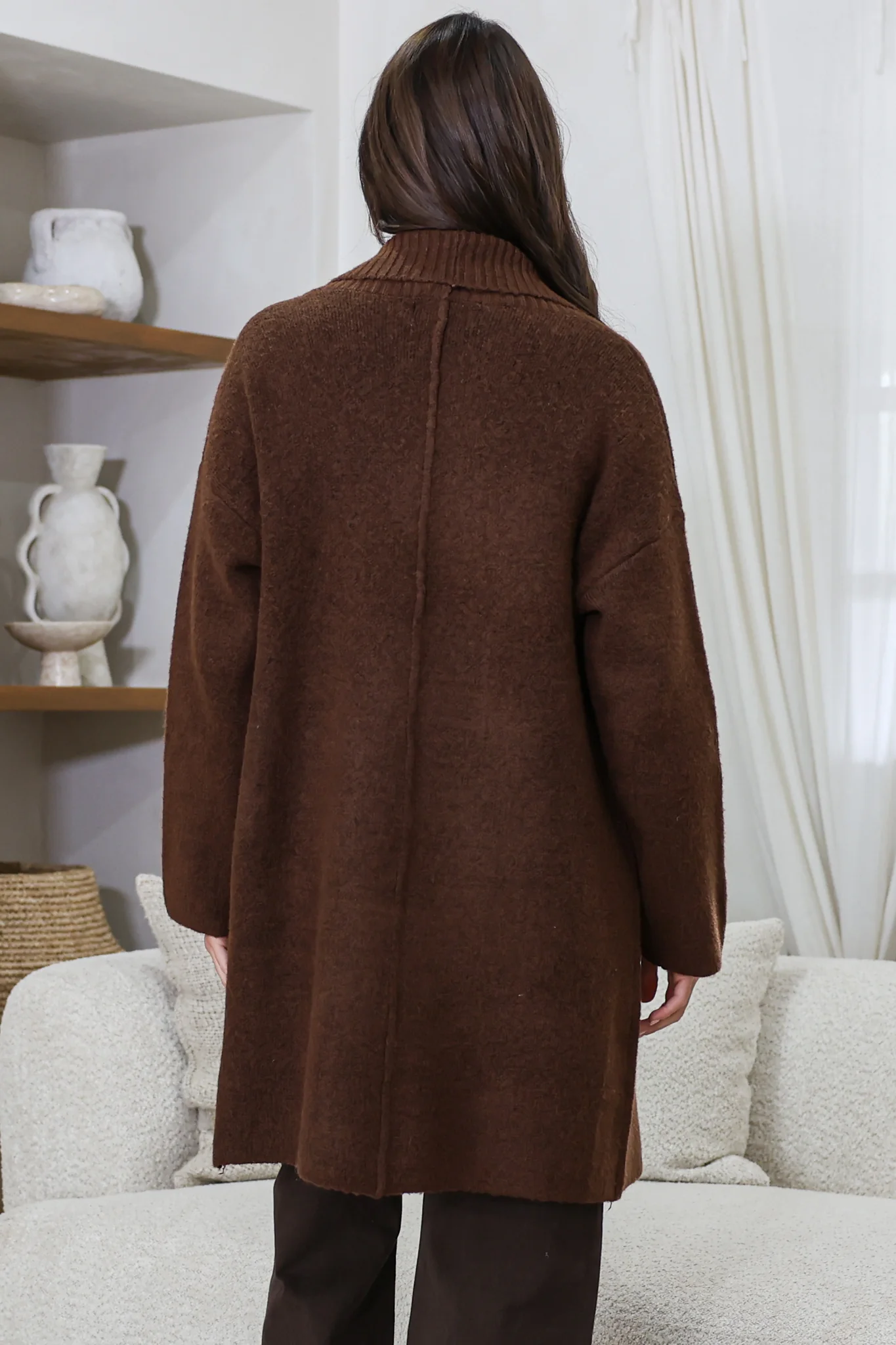 Oswin Cardigan - Open Front Ribbed Shawl Collar Knit with Pockets in Coffee - Image 5