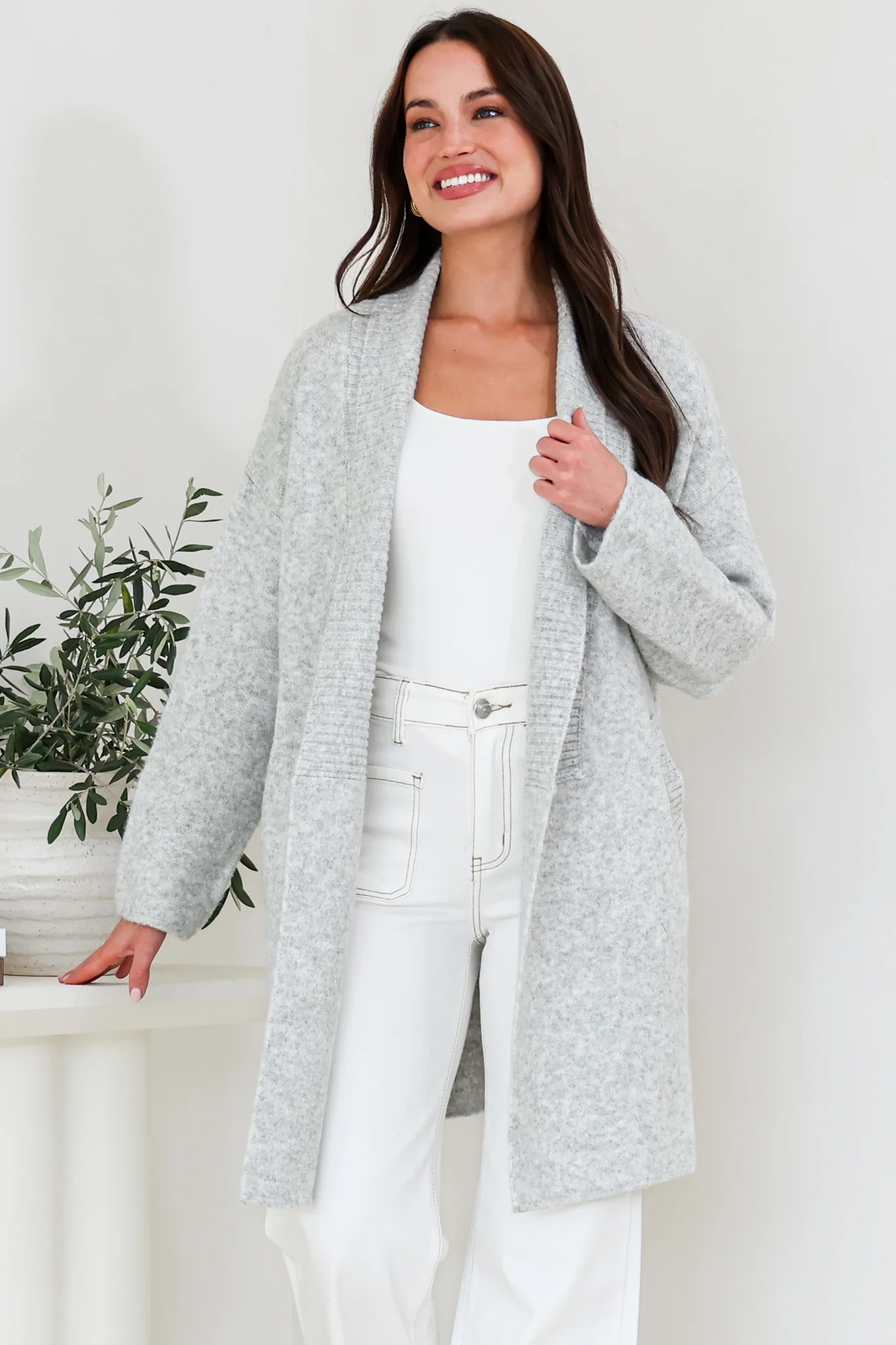 Oswin Cardigan - Open Front Ribbed Shawl Collar Knit with Pockets in Grey - Image 2