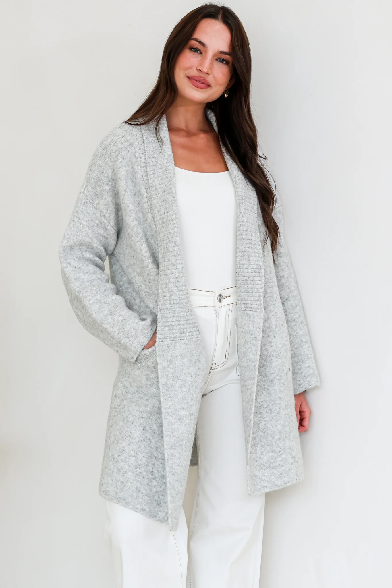 Oswin Cardigan - Open Front Ribbed Shawl Collar Knit with Pockets in Grey - Image 3