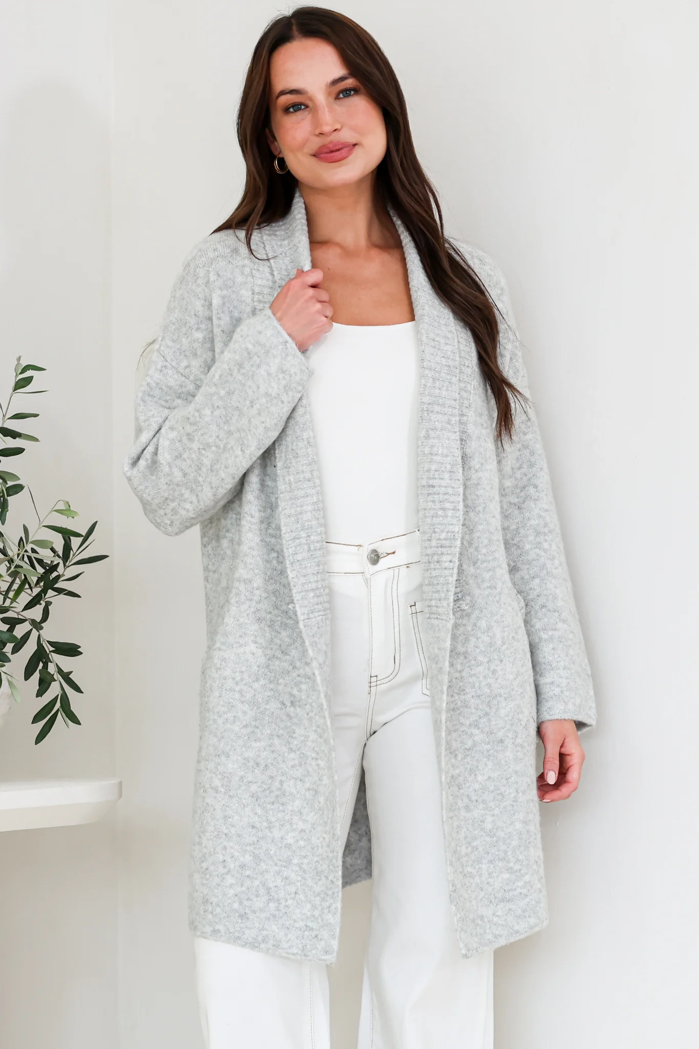 Oswin Cardigan - Open Front Ribbed Shawl Collar Knit with Pockets in Grey - Image 4