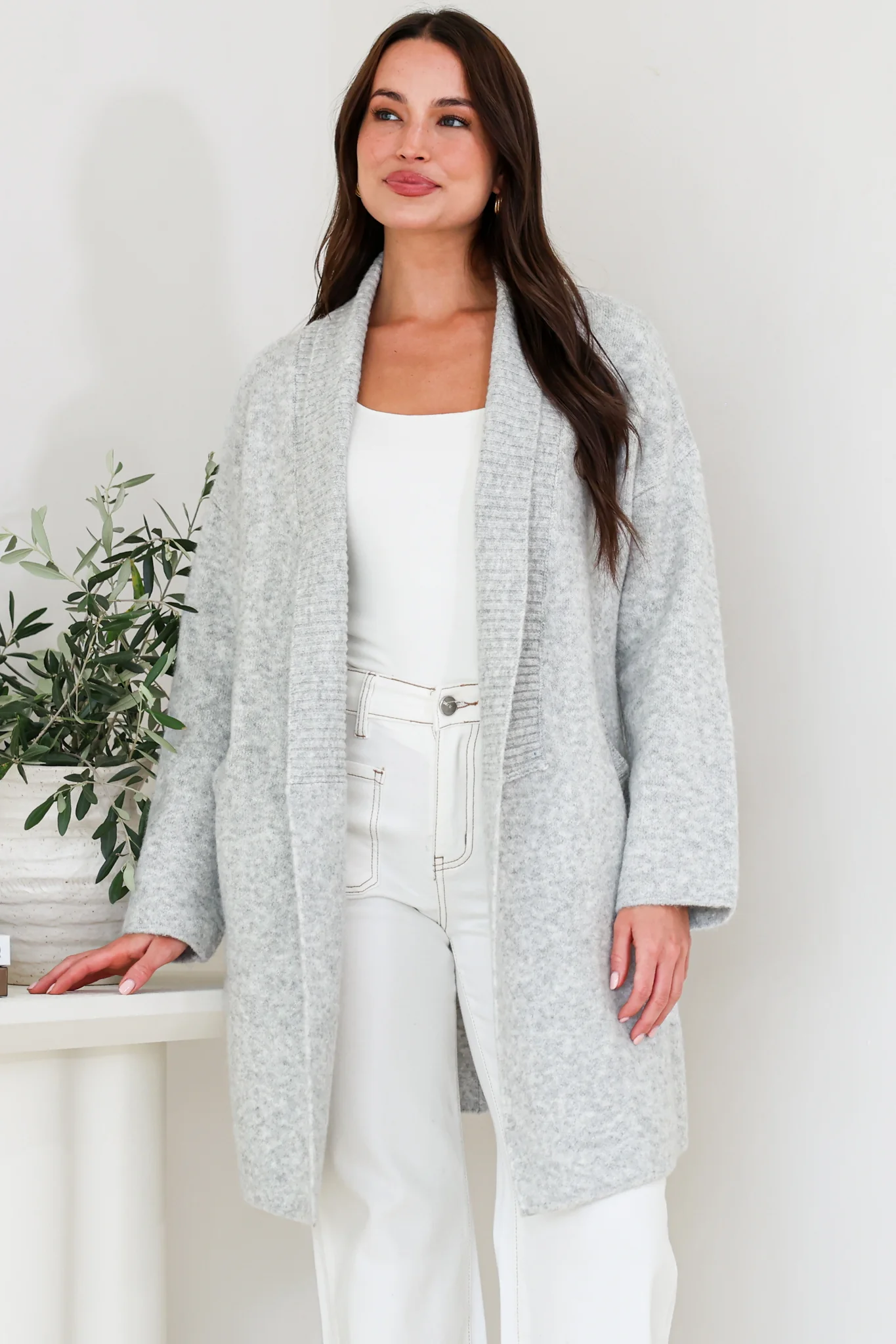 Oswin Cardigan - Open Front Ribbed Shawl Collar Knit with Pockets in Grey - Image 6