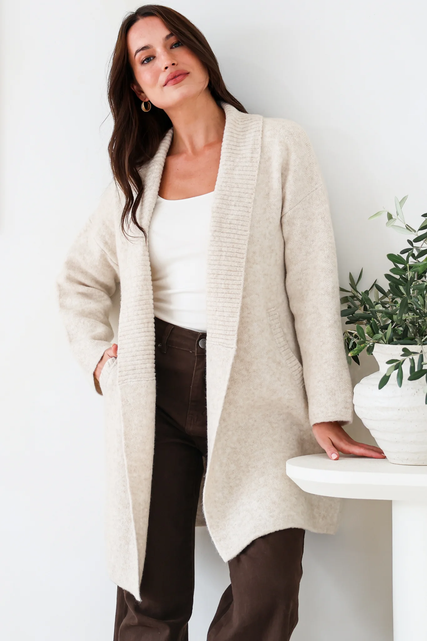 Oswin Cardigan - Open Front Ribbed Shawl Collar Knit with Pockets in Oatmeal