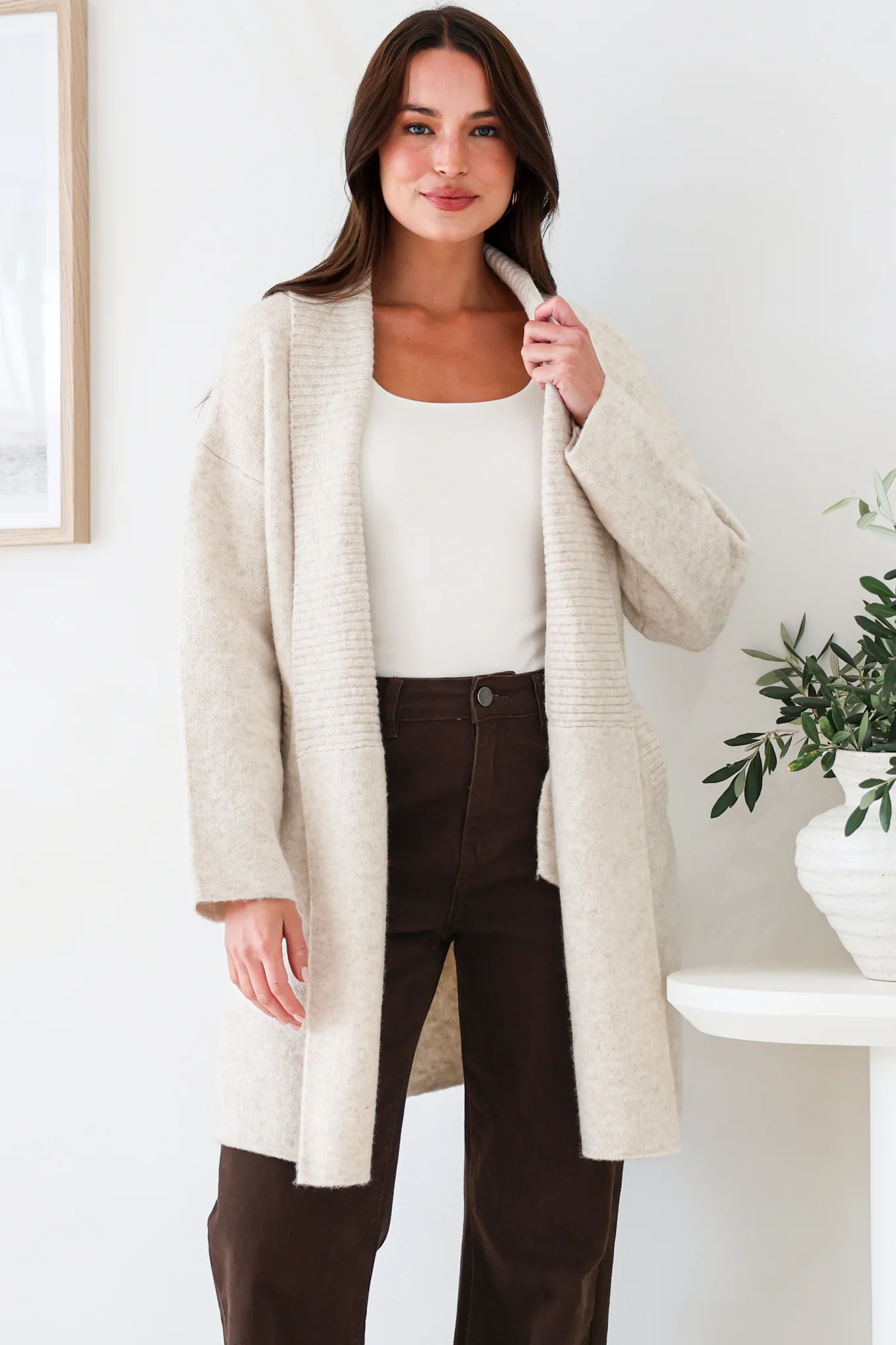 Oswin Cardigan - Open Front Ribbed Shawl Collar Knit with Pockets in Oatmeal - Image 2