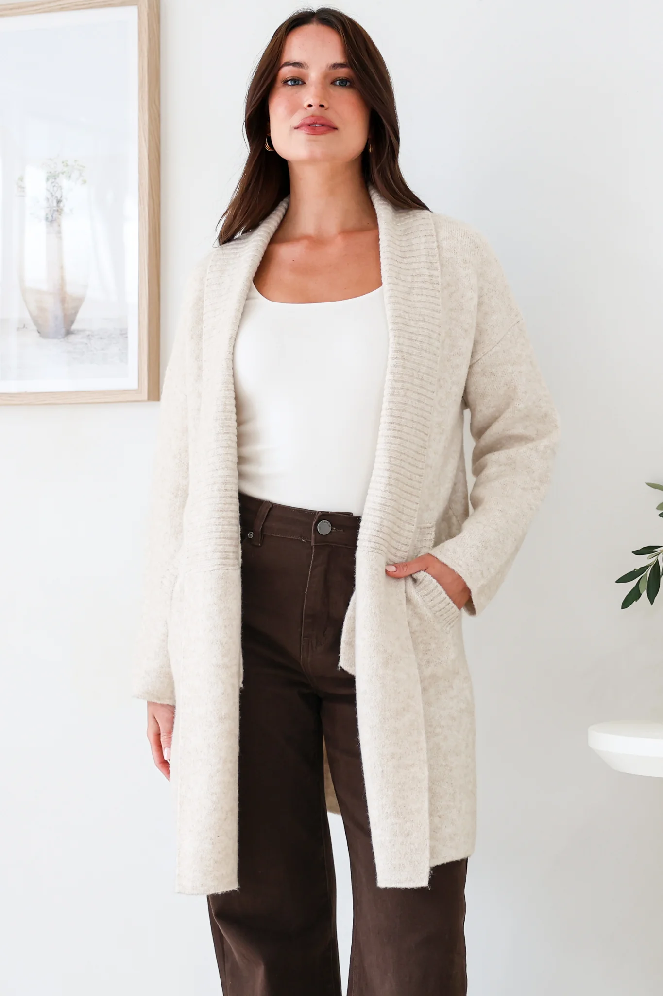 Oswin Cardigan - Open Front Ribbed Shawl Collar Knit with Pockets in Oatmeal - Image 3