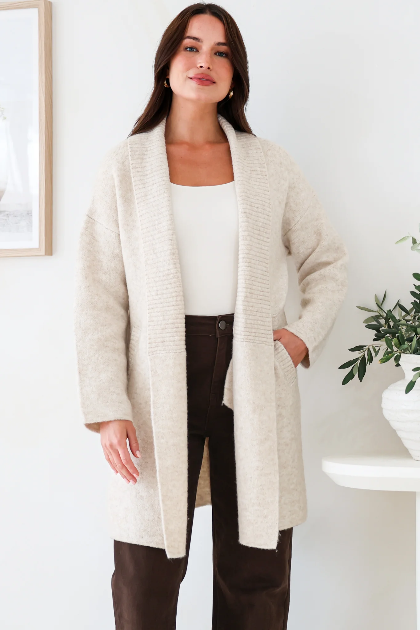 Oswin Cardigan - Open Front Ribbed Shawl Collar Knit with Pockets in Oatmeal - Image 6