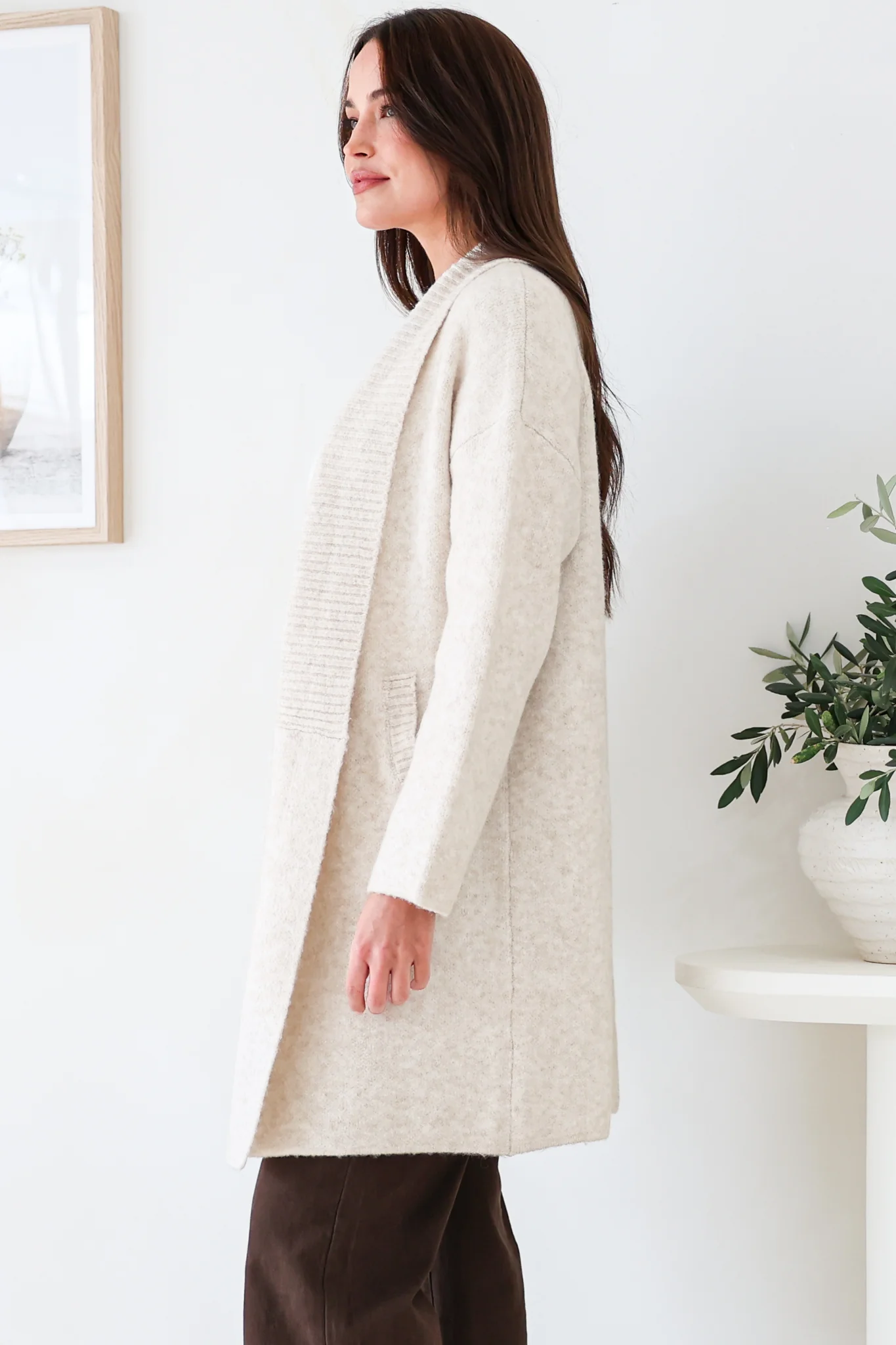 Oswin Cardigan - Open Front Ribbed Shawl Collar Knit with Pockets in Oatmeal - Image 7
