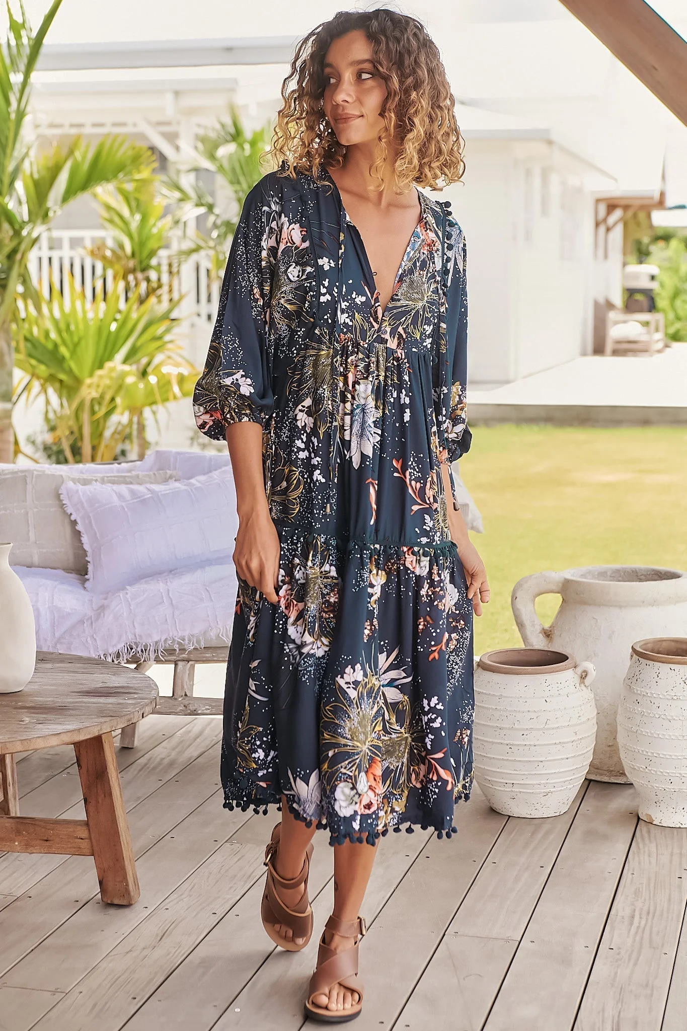 JAASE - Palace Midi Dress: Pom Pom Spliced Batwing Sleeve Dress with Neck Tie in Indigo Print - Image 10