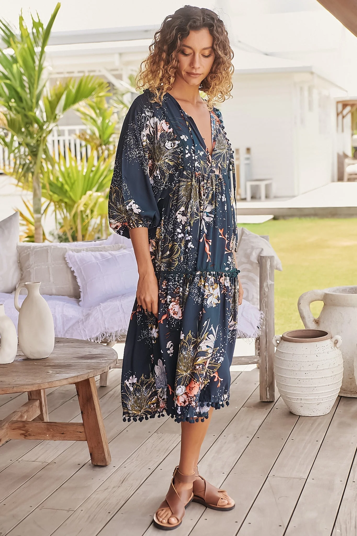 JAASE - Palace Midi Dress: Pom Pom Spliced Batwing Sleeve Dress with Neck Tie in Indigo Print - Image 12