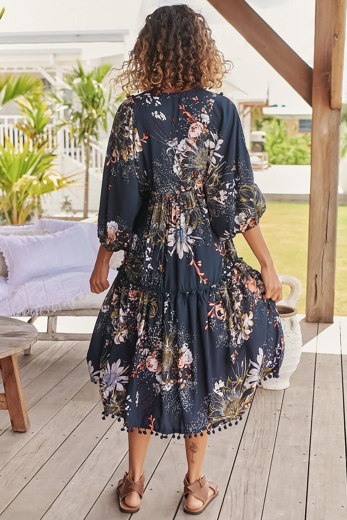 JAASE - Palace Midi Dress: Pom Pom Spliced Batwing Sleeve Dress with Neck Tie in Indigo Print - Image 13