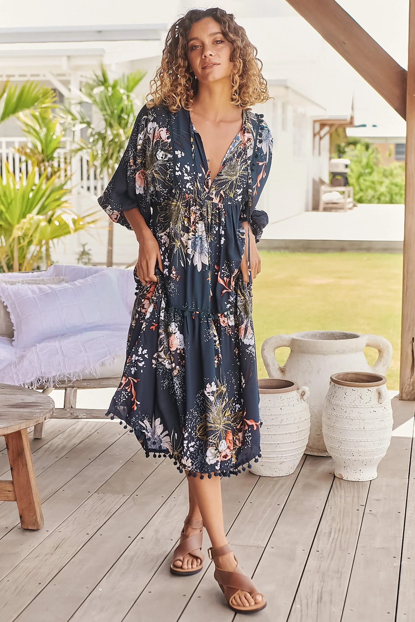 JAASE - Palace Midi Dress: Pom Pom Spliced Batwing Sleeve Dress with Neck Tie in Indigo Print - Image 3