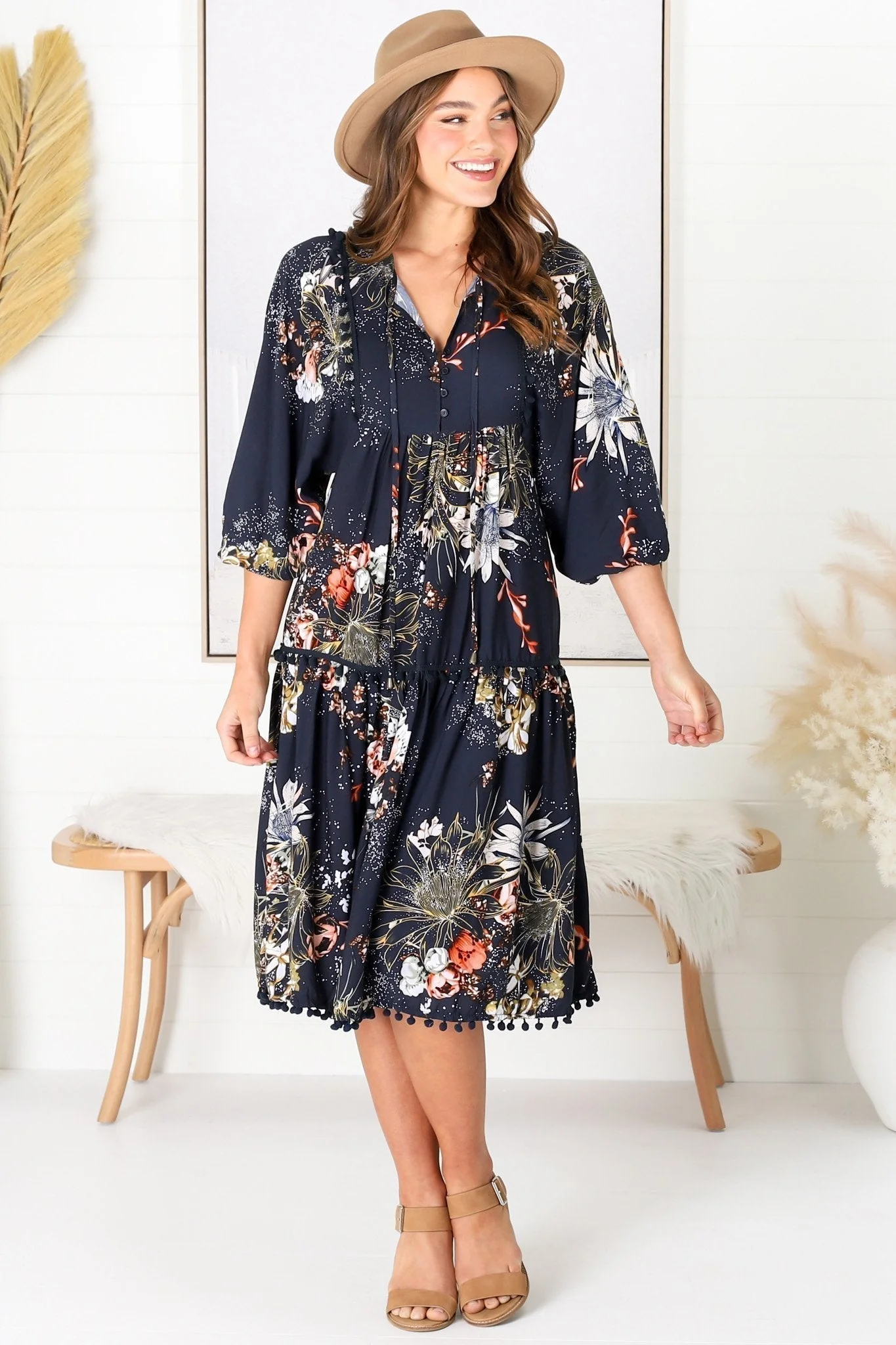 JAASE - Palace Midi Dress: Pom Pom Spliced Batwing Sleeve Dress with Neck Tie in Indigo Print - Image 4
