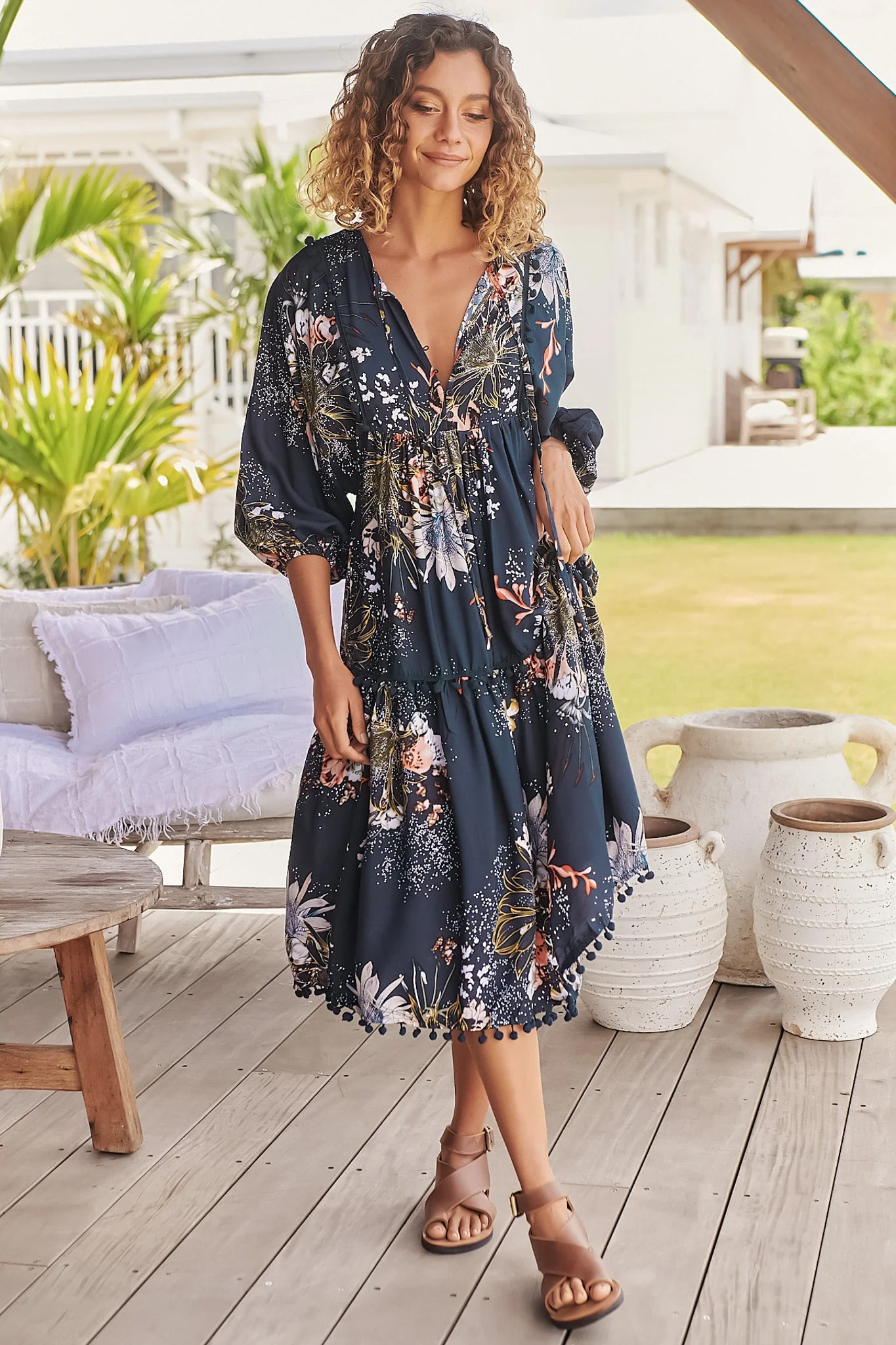 JAASE - Palace Midi Dress: Pom Pom Spliced Batwing Sleeve Dress with Neck Tie in Indigo Print - Image 5