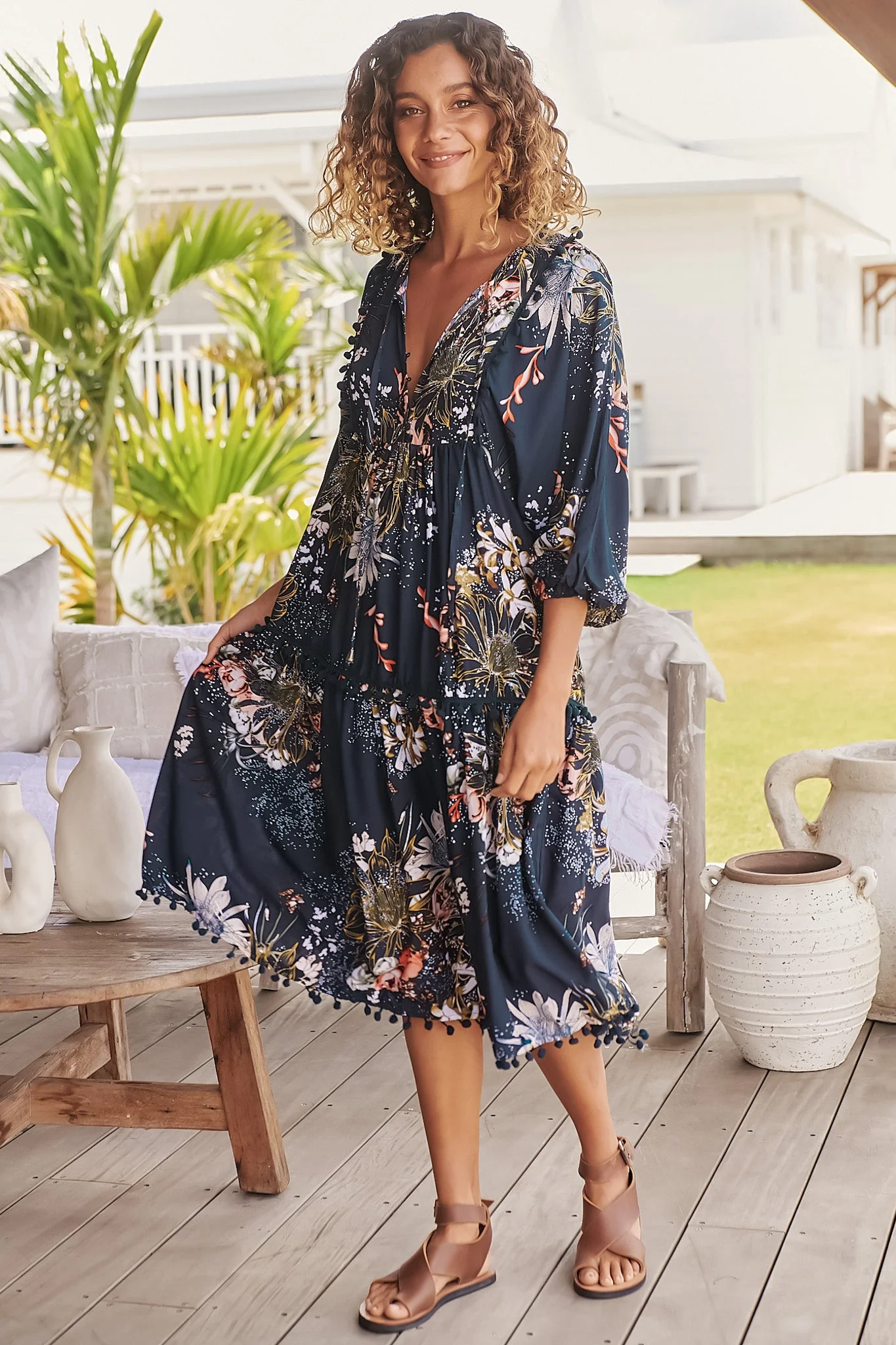 JAASE - Palace Midi Dress: Pom Pom Spliced Batwing Sleeve Dress with Neck Tie in Indigo Print - Image 7