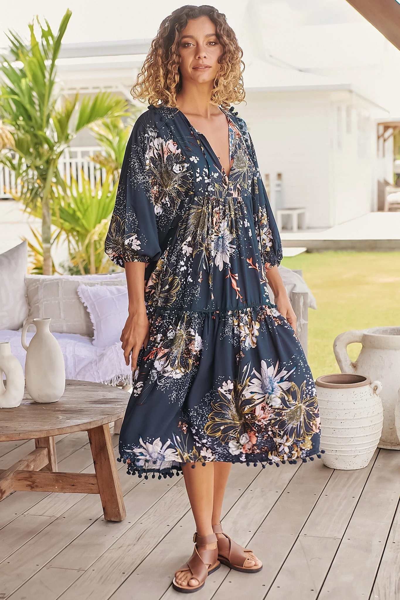 JAASE - Palace Midi Dress: Pom Pom Spliced Batwing Sleeve Dress with Neck Tie in Indigo Print - Image 9