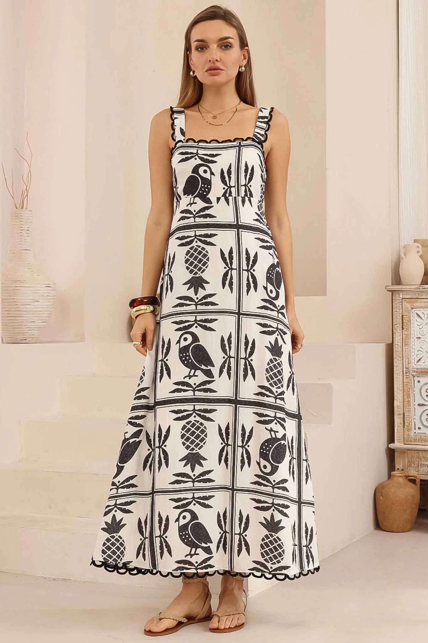 Palma Maxi Dress - Scallop Trim A-Line Dress with Pockets in Sunbaya Print - Image 2