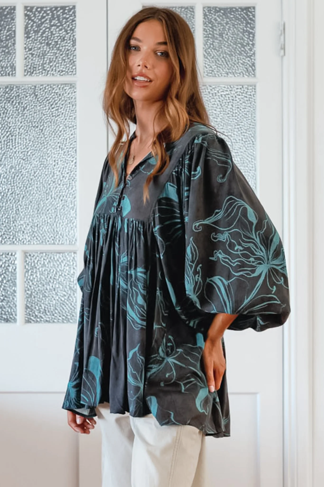 JAASE - Paloma Blouse: V Neckline Smock Top with Billowy Sleeves in Midnight Lilly Print - Image 3