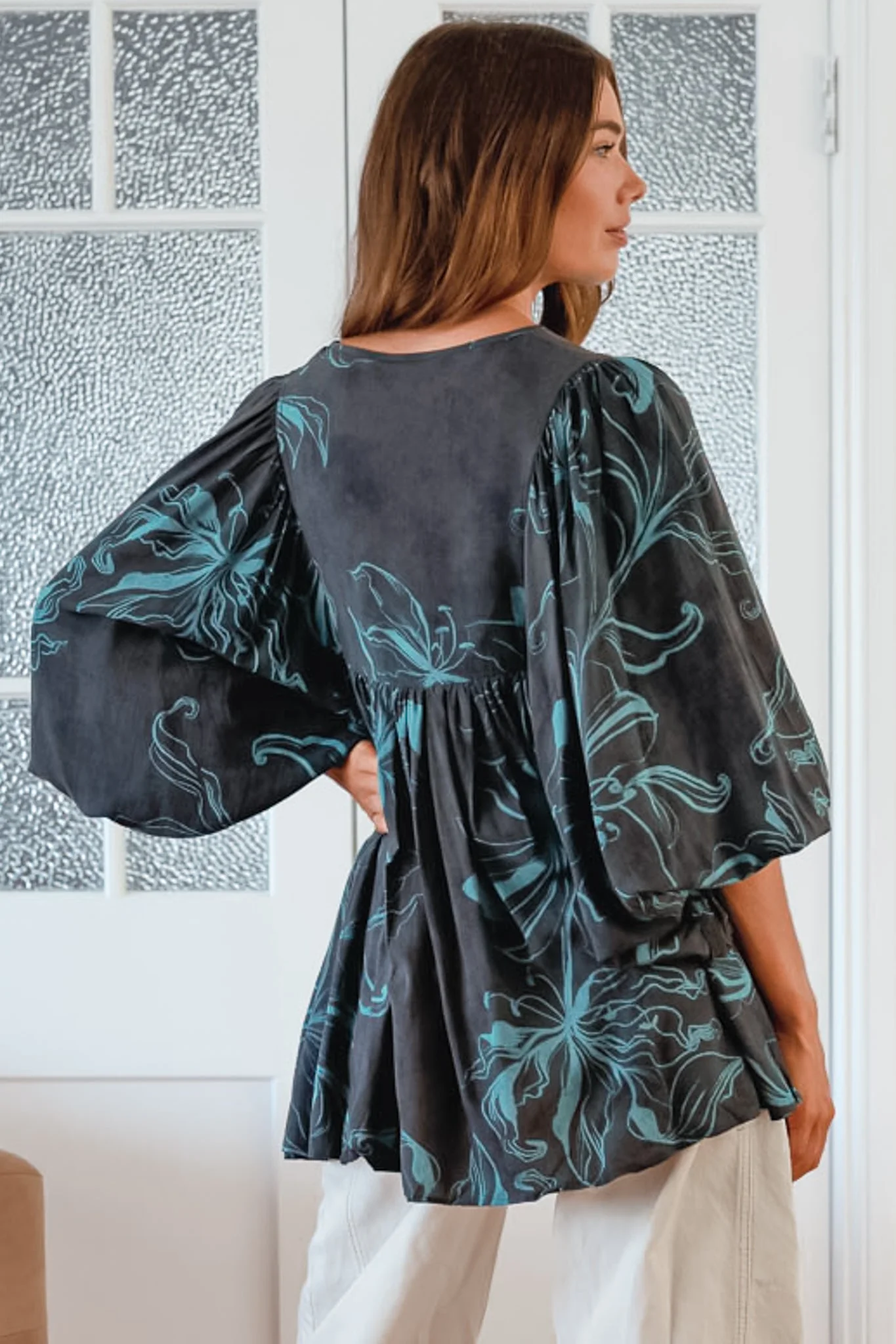 JAASE - Paloma Blouse: V Neckline Smock Top with Billowy Sleeves in Midnight Lilly Print - Image 5