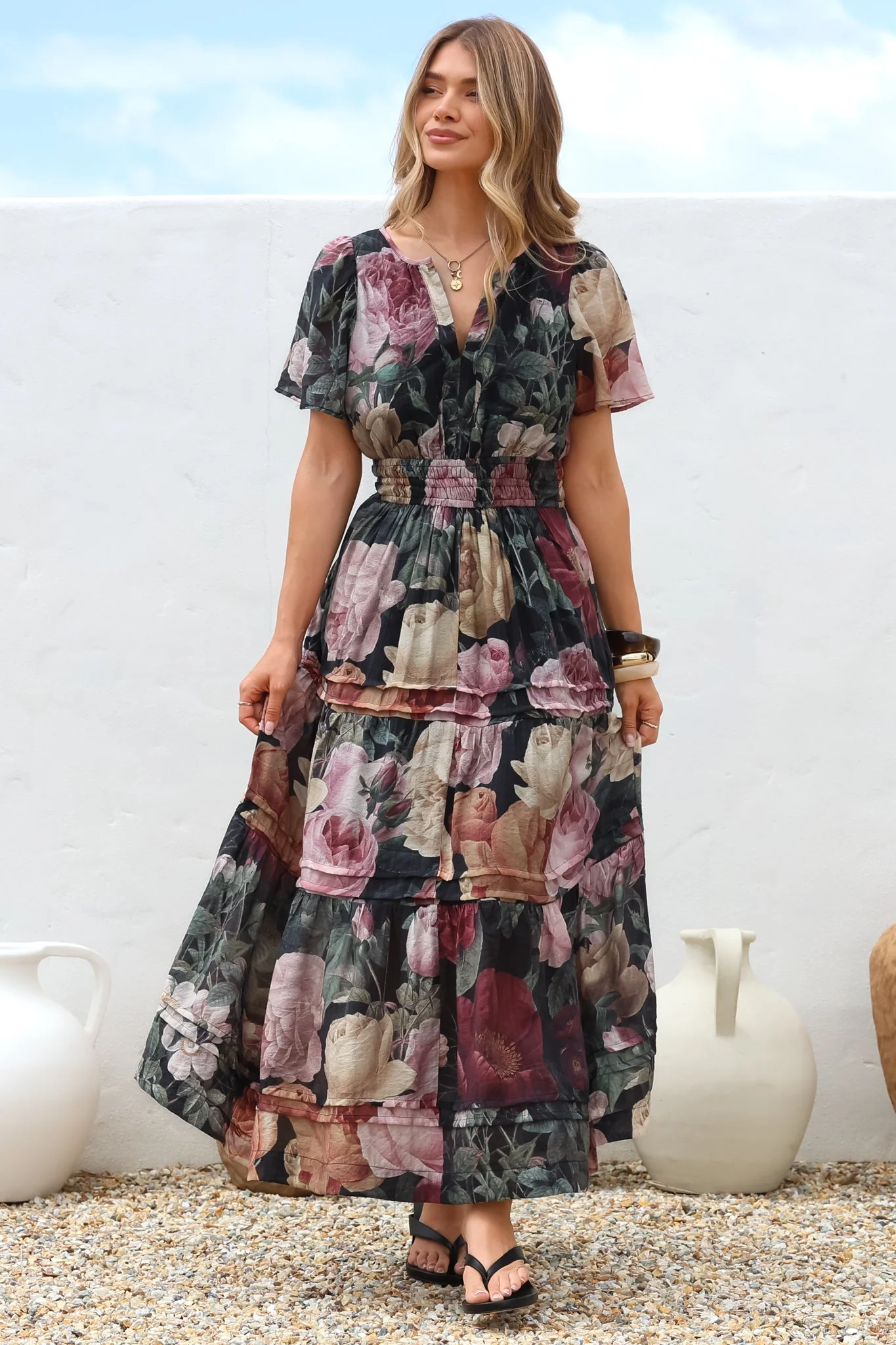 Payton Maxi Dress - Pleat Detailed A-Line Dress with Cap Flutter Sleeves in Annalisa Print