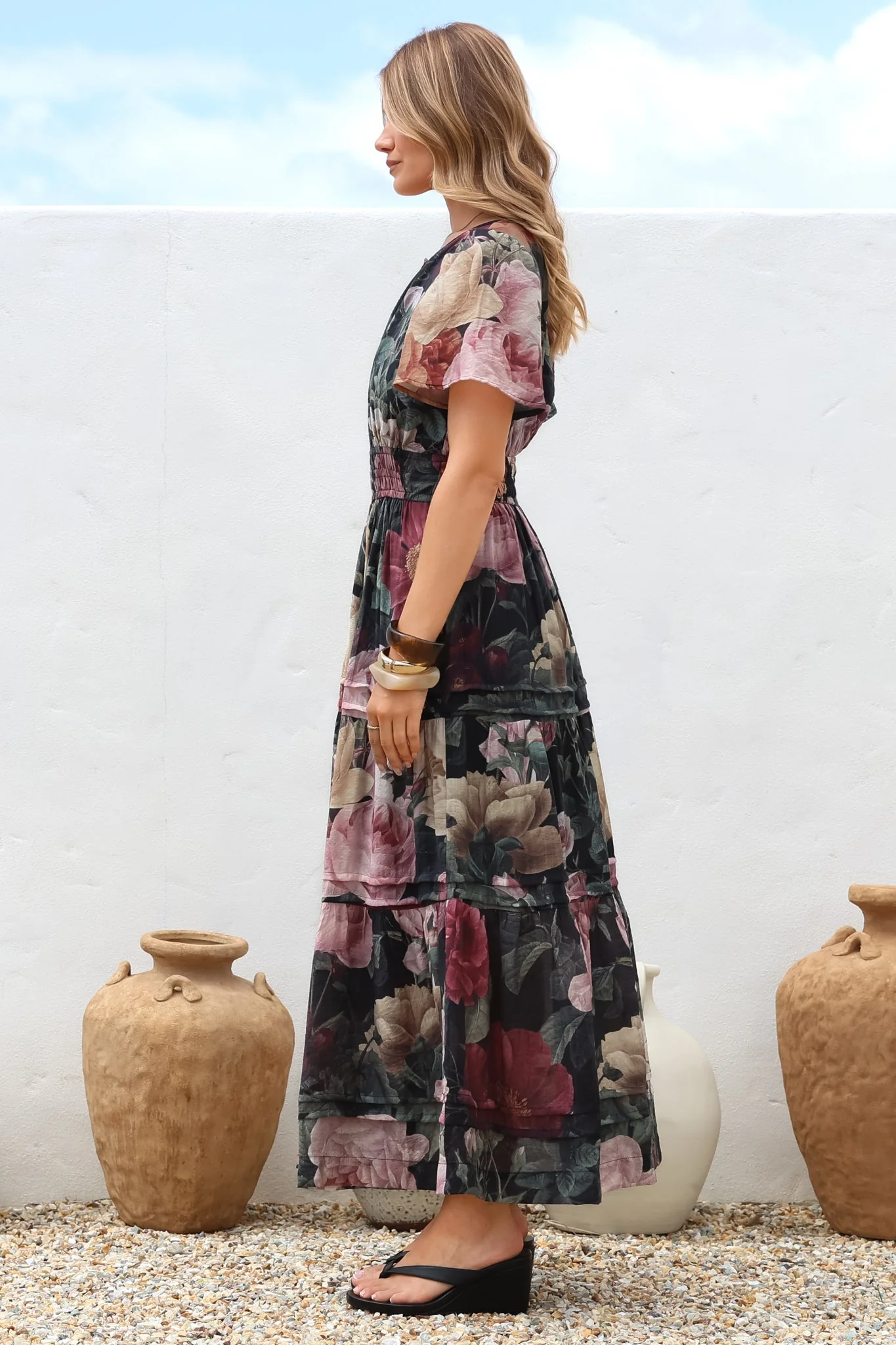 Payton Maxi Dress - Pleat Detailed A-Line Dress with Cap Flutter Sleeves in Annalisa Print - Image 10