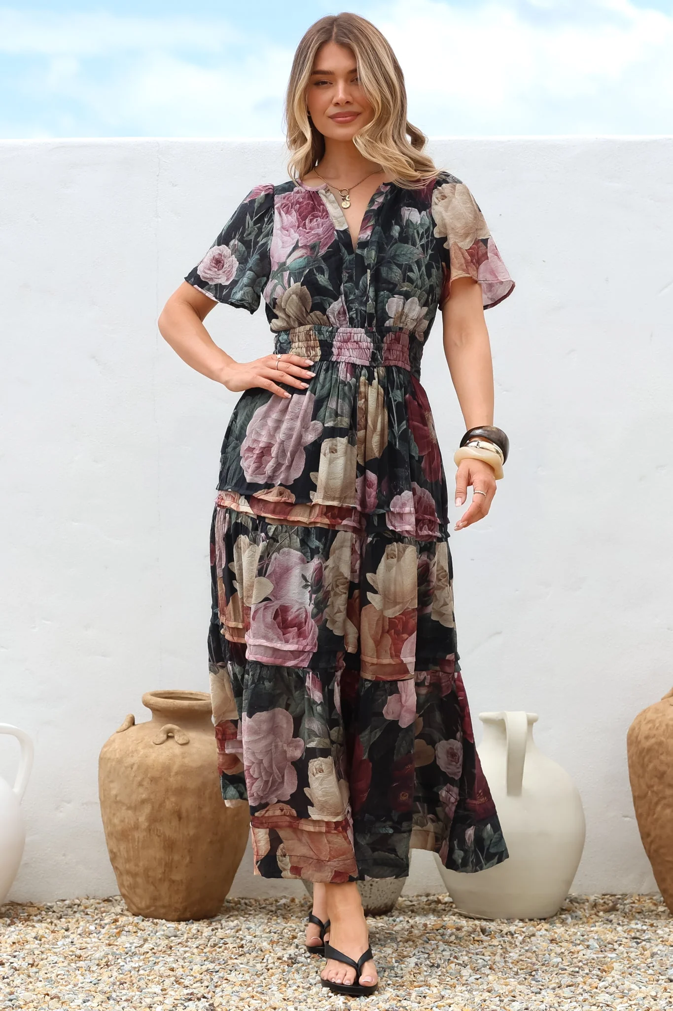 Payton Maxi Dress - Pleat Detailed A-Line Dress with Cap Flutter Sleeves in Annalisa Print - Image 2