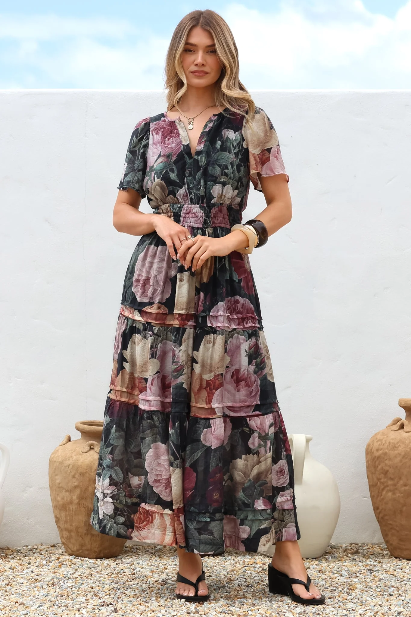 Payton Maxi Dress - Pleat Detailed A-Line Dress with Cap Flutter Sleeves in Annalisa Print - Image 3