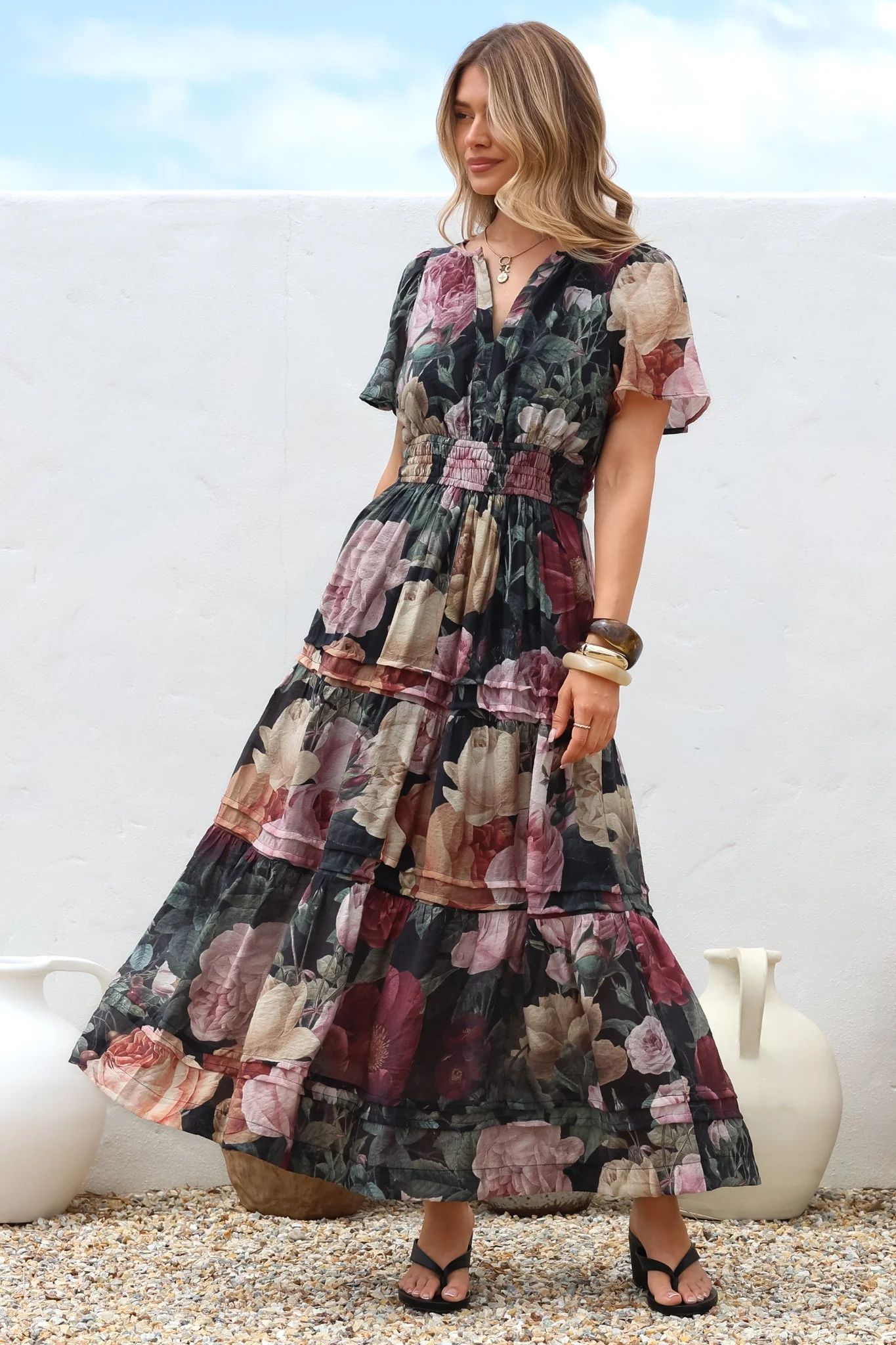 Payton Maxi Dress - Pleat Detailed A-Line Dress with Cap Flutter Sleeves in Annalisa Print - Image 4