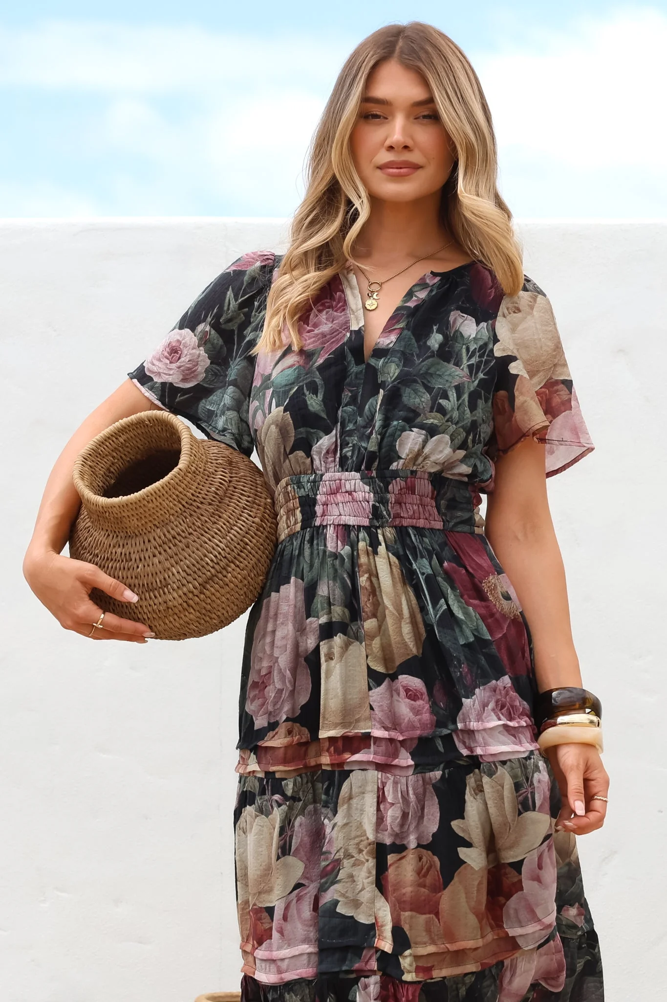 Payton Maxi Dress - Pleat Detailed A-Line Dress with Cap Flutter Sleeves in Annalisa Print - Image 5