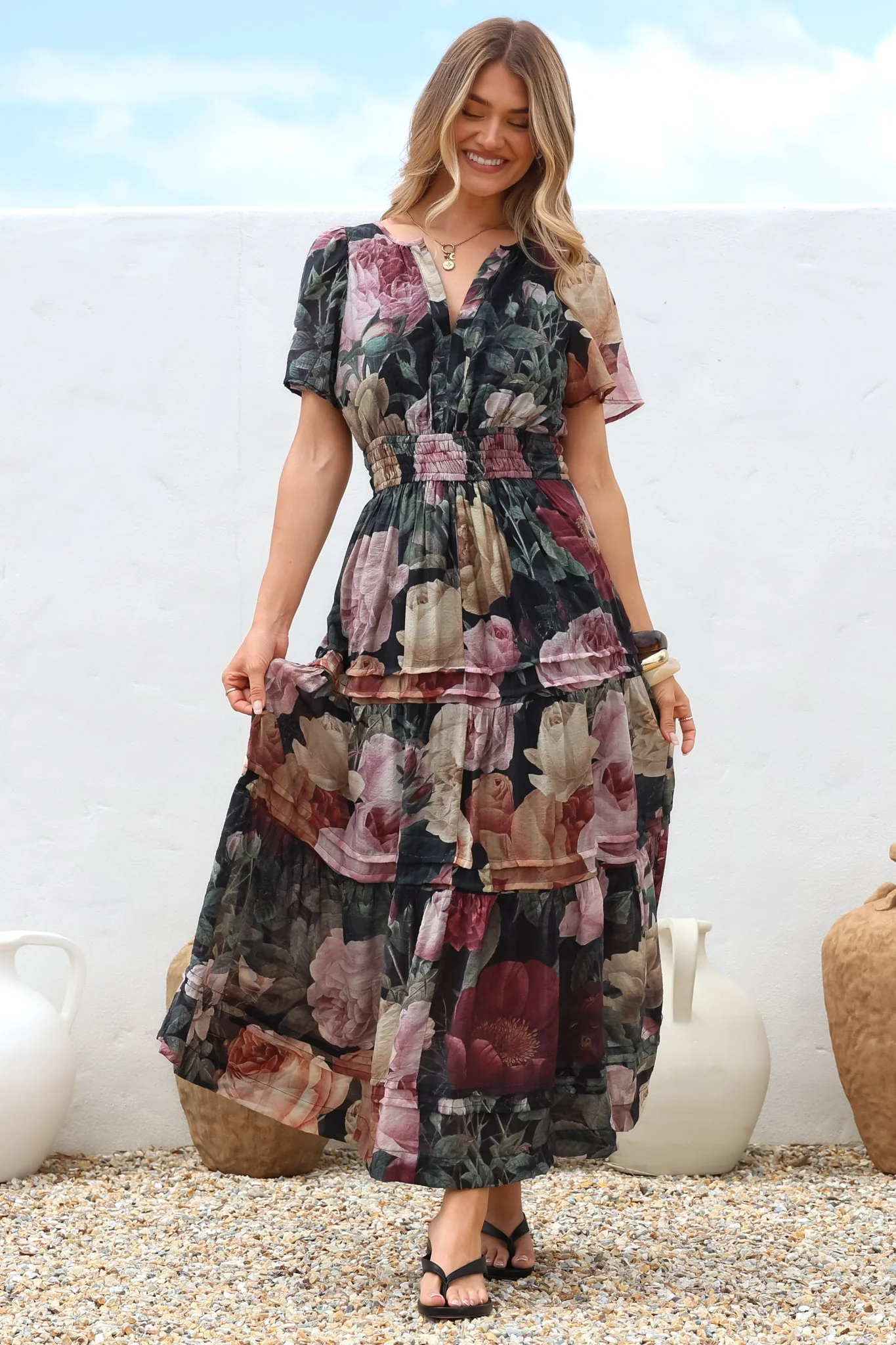 Payton Maxi Dress - Pleat Detailed A-Line Dress with Cap Flutter Sleeves in Annalisa Print - Image 6