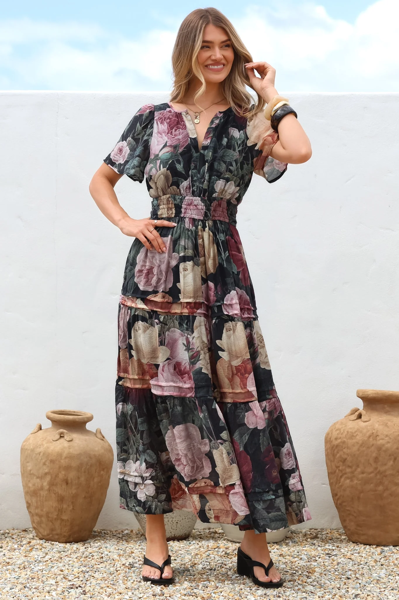 Payton Maxi Dress - Pleat Detailed A-Line Dress with Cap Flutter Sleeves in Annalisa Print - Image 7