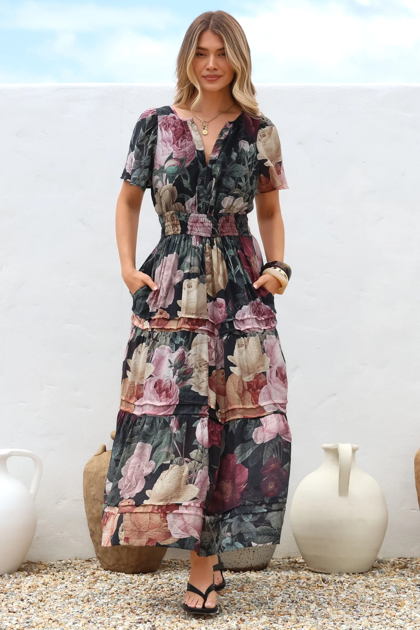 Payton Maxi Dress - Pleat Detailed A-Line Dress with Cap Flutter Sleeves in Annalisa Print - Image 8