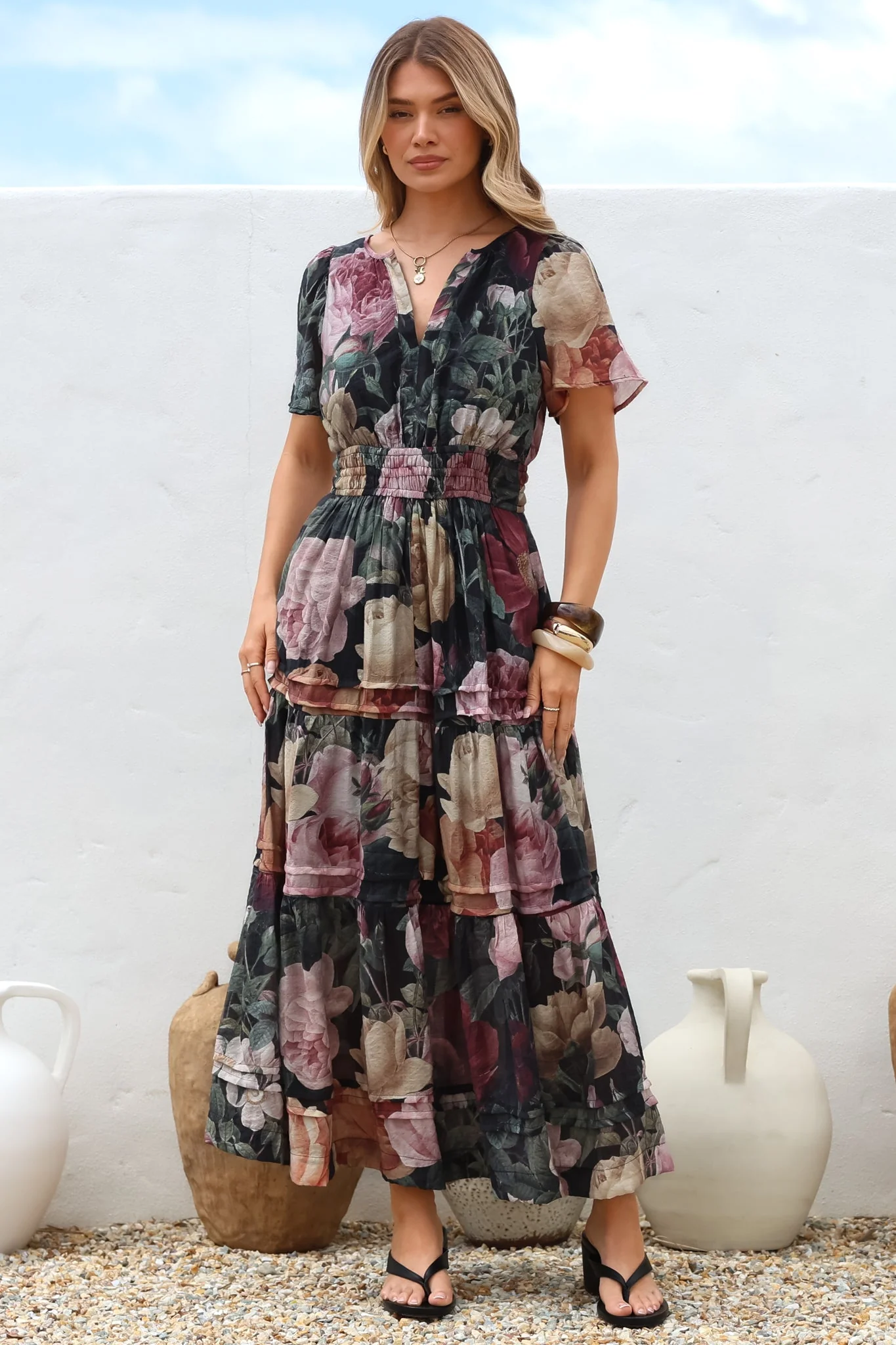 Payton Maxi Dress - Pleat Detailed A-Line Dress with Cap Flutter Sleeves in Annalisa Print - Image 9