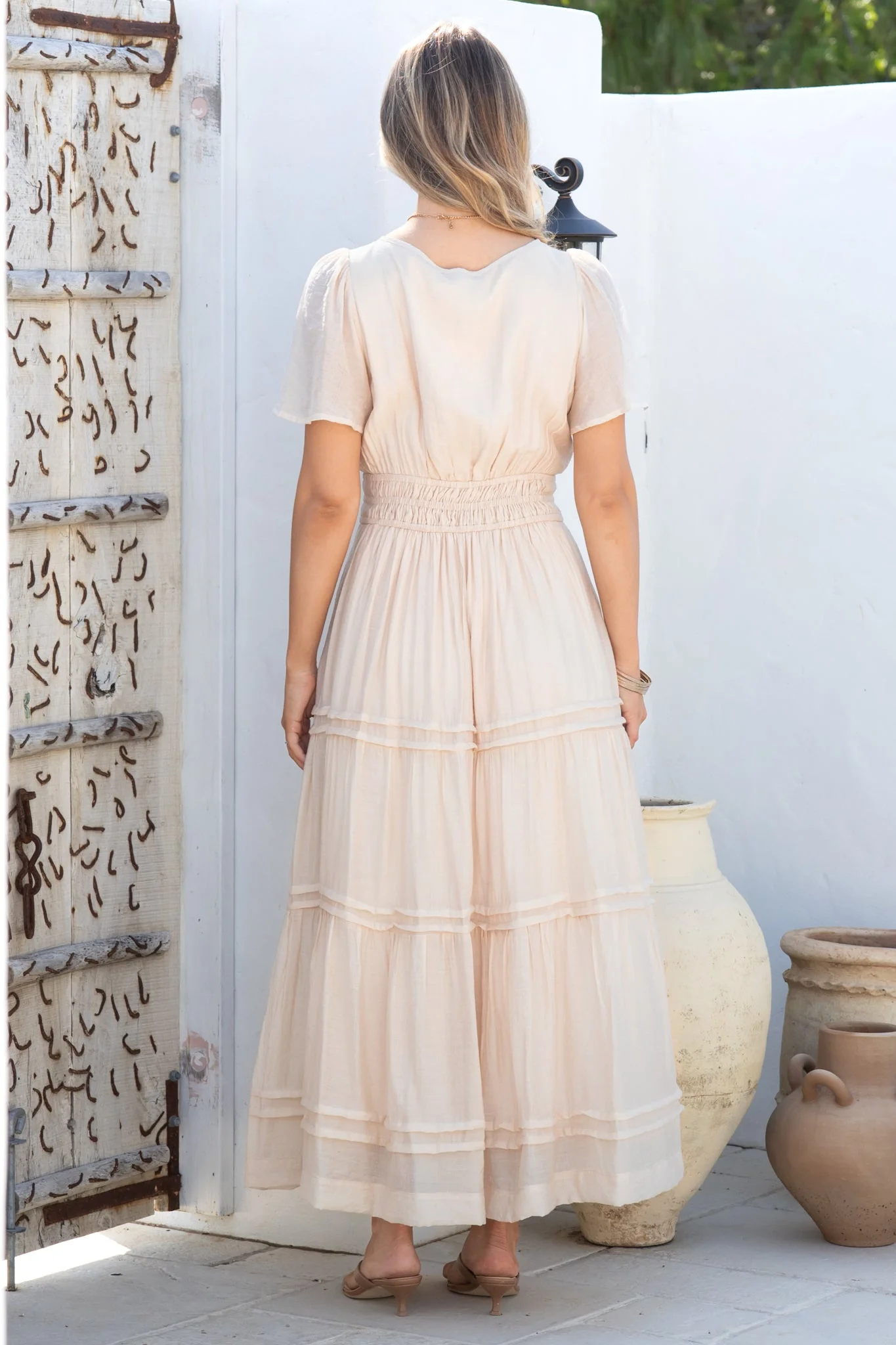 Payton Maxi Dress - Pleat Detailed A-Line Dress with Cap Flutter Sleeves in Beige - Image 10
