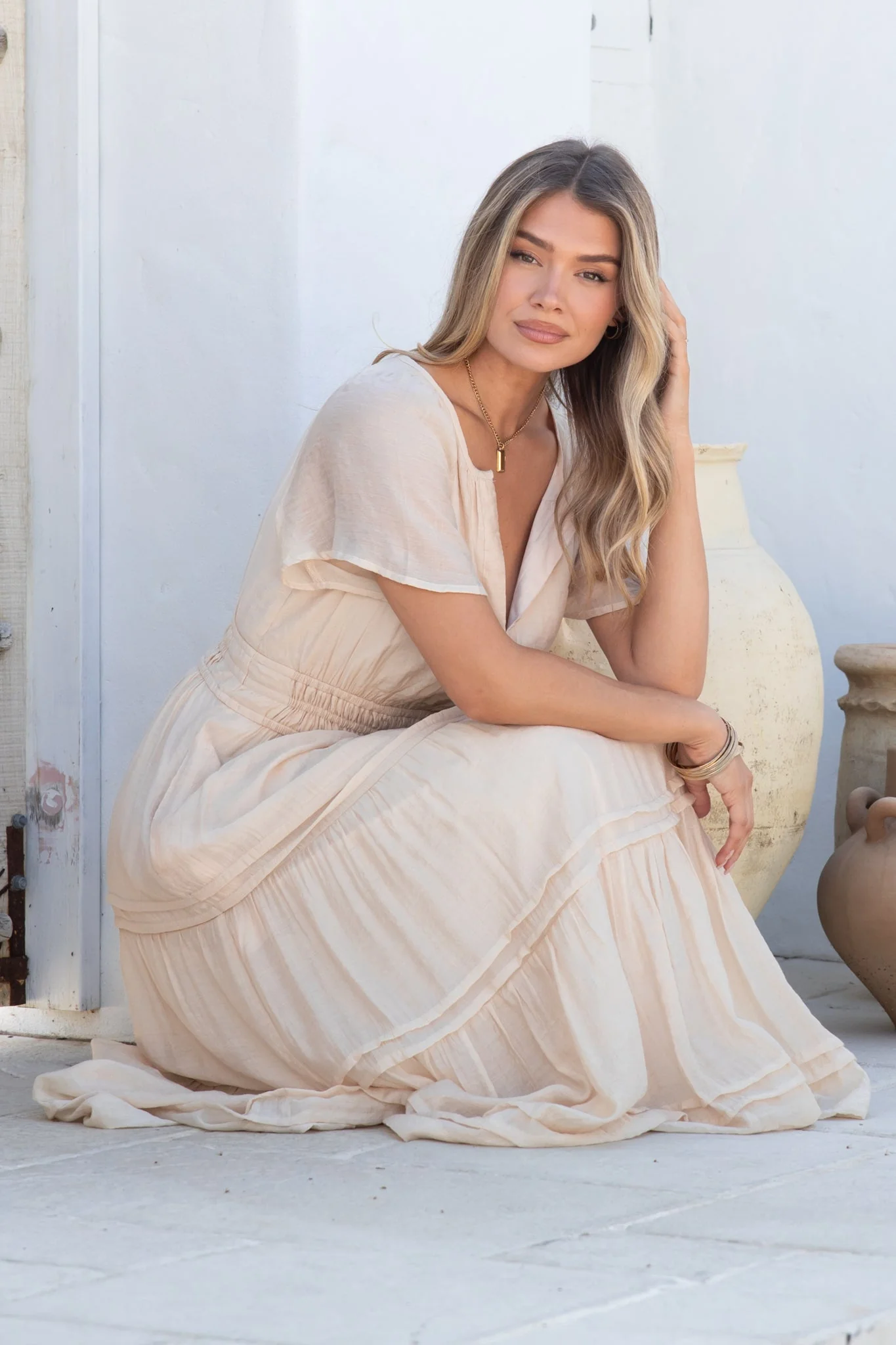 Payton Maxi Dress - Pleat Detailed A-Line Dress with Cap Flutter Sleeves in Beige - Image 4