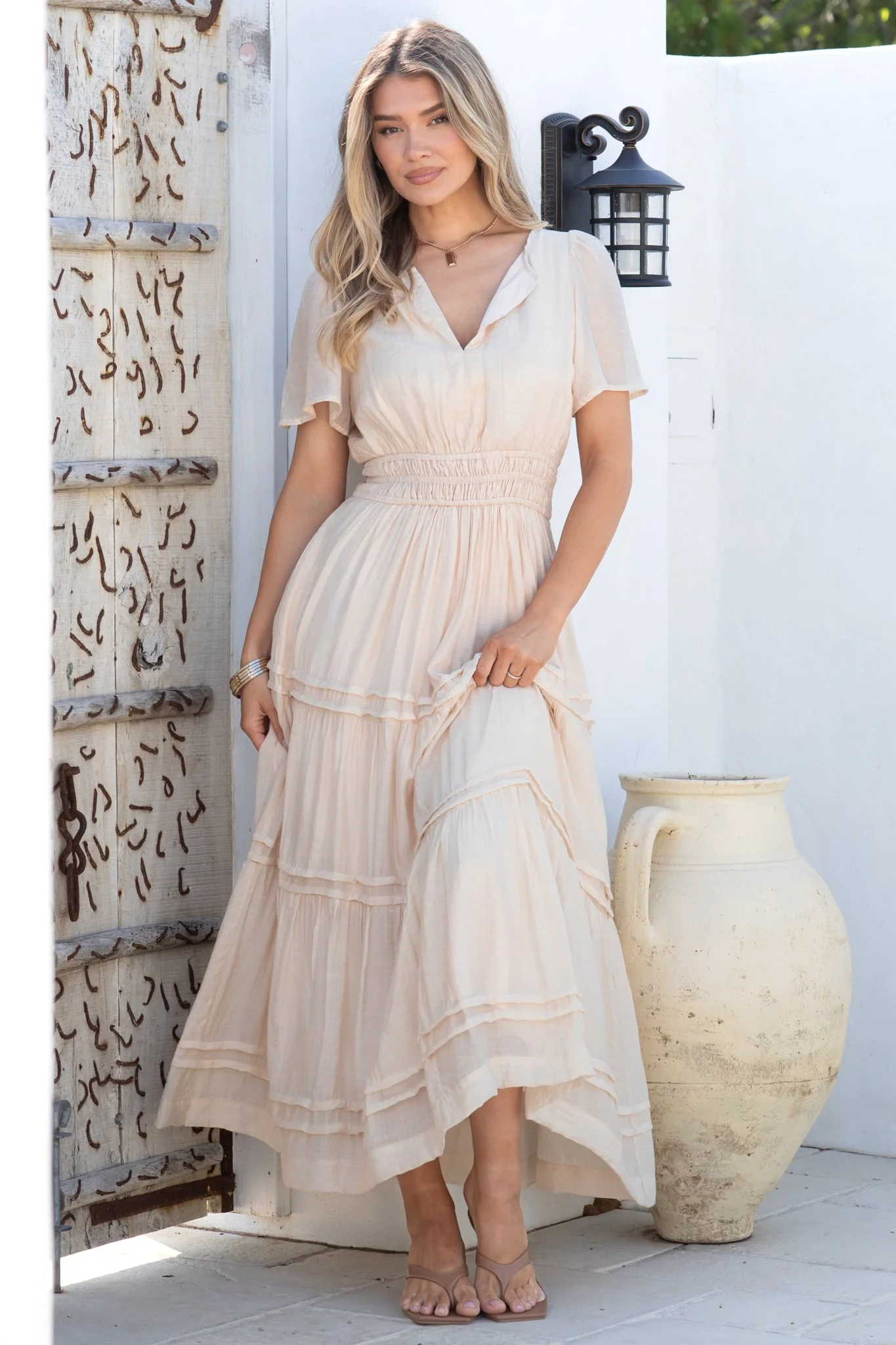 Payton Maxi Dress - Pleat Detailed A-Line Dress with Cap Flutter Sleeves in Beige - Image 6