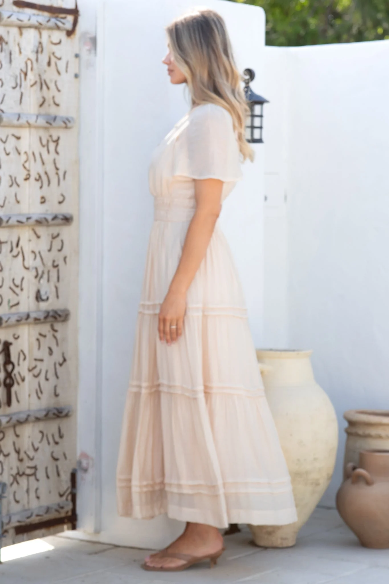 Payton Maxi Dress - Pleat Detailed A-Line Dress with Cap Flutter Sleeves in Beige - Image 9