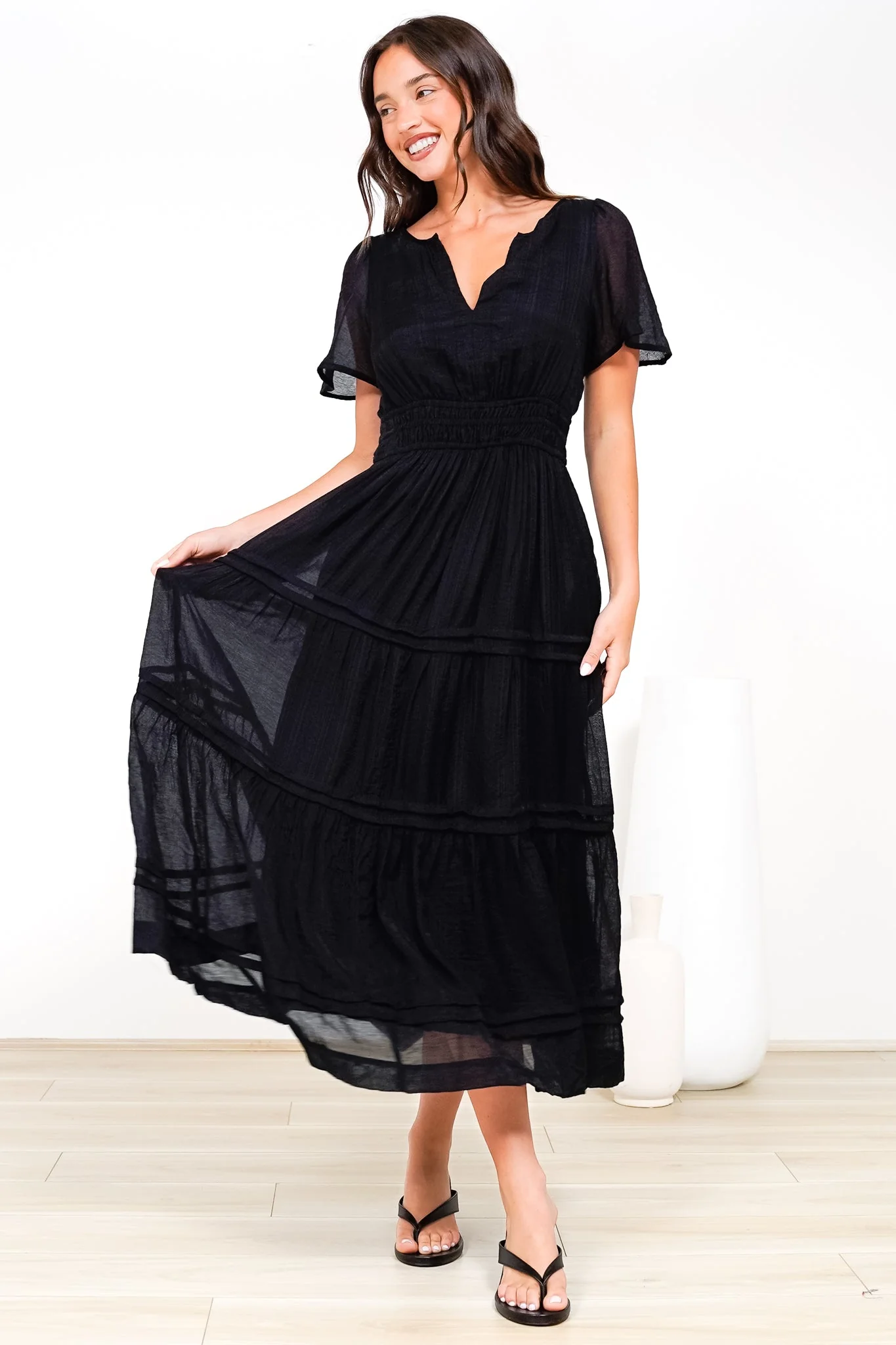 Payton Maxi Dress - Pleat Detailed A-Line Dress with Cap Flutter Sleeves in Black - Image 2