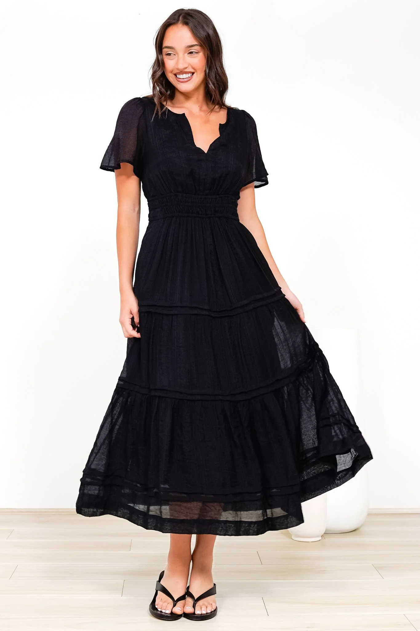 Payton Maxi Dress - Pleat Detailed A-Line Dress with Cap Flutter Sleeves in Black - Image 3