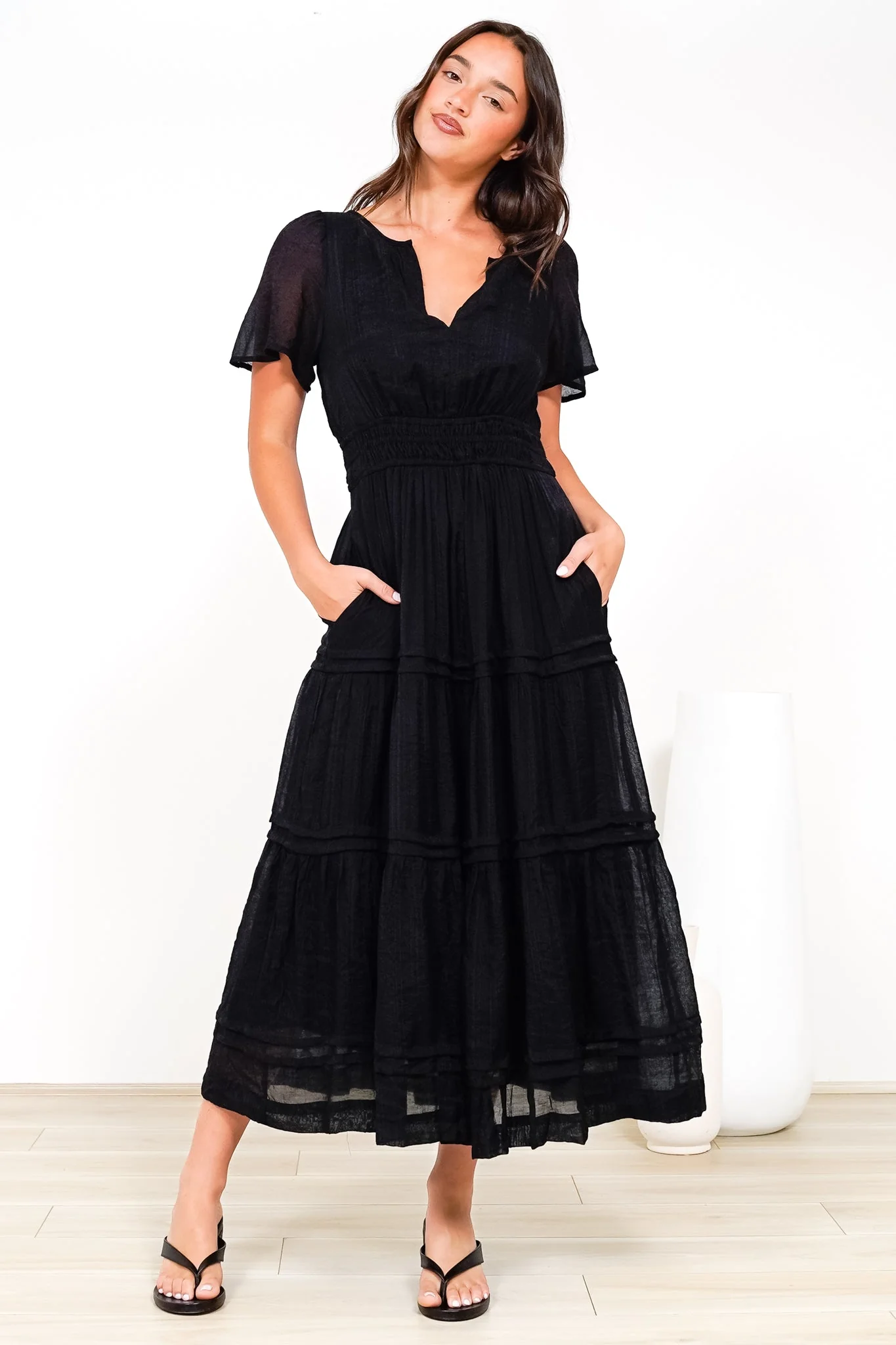 Payton Maxi Dress - Pleat Detailed A-Line Dress with Cap Flutter Sleeves in Black - Image 6