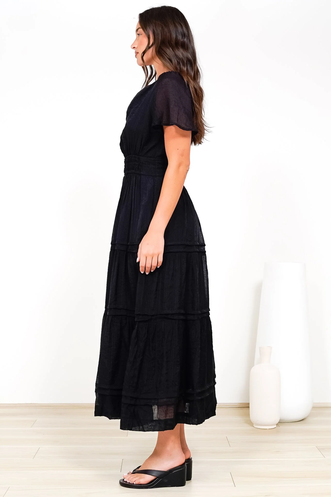 Payton Maxi Dress - Pleat Detailed A-Line Dress with Cap Flutter Sleeves in Black - Image 8