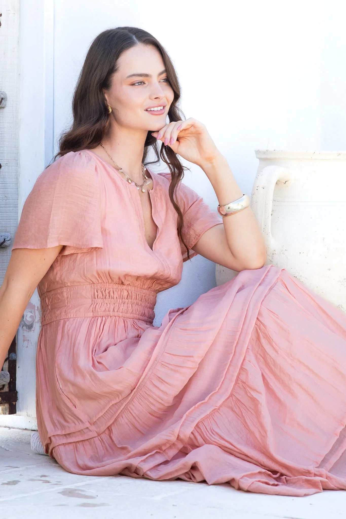 Payton Maxi Dress - Pleat Detailed A-Line Dress with Cap Flutter Sleeves in Blush - Image 3