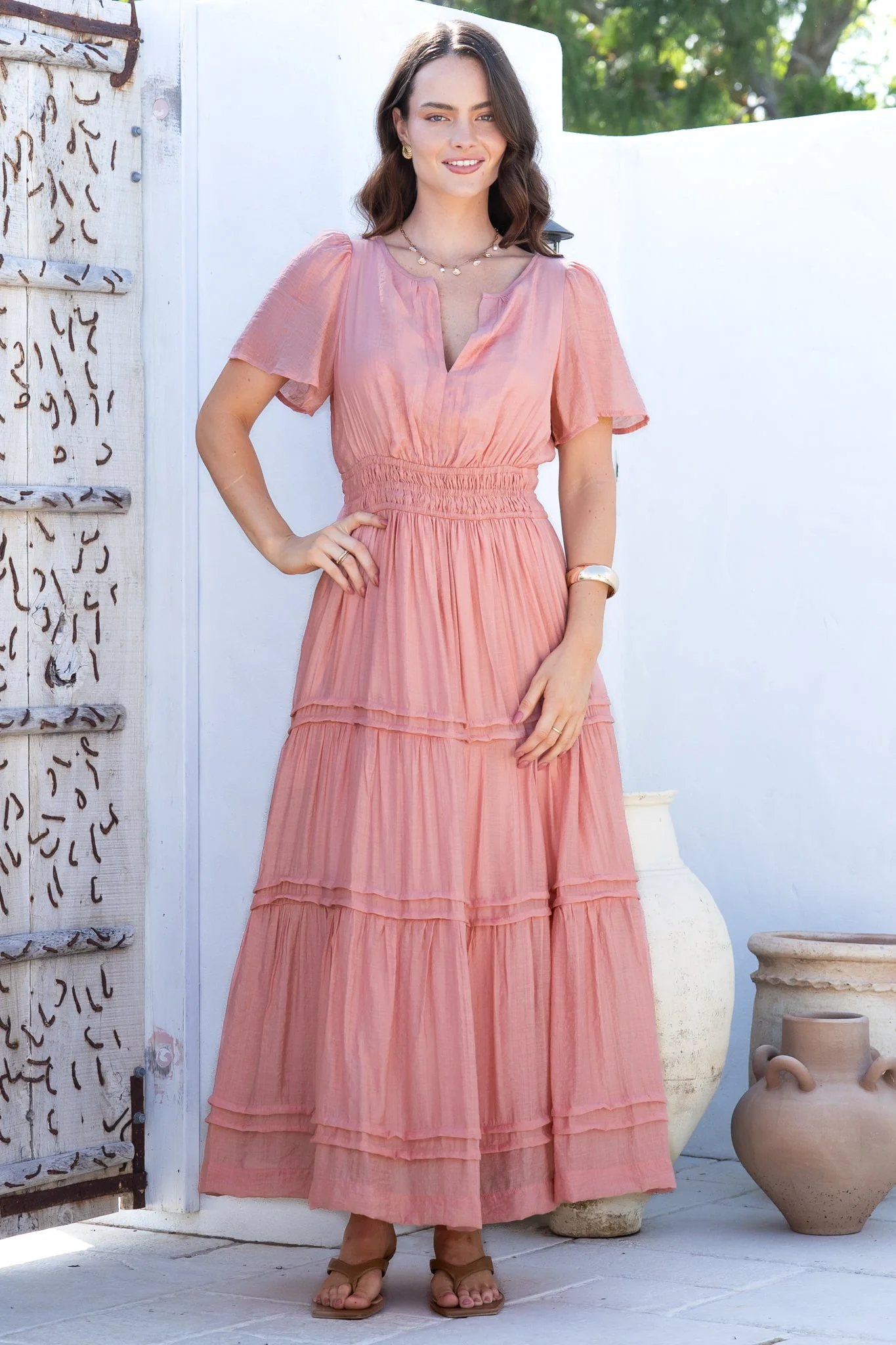 Payton Maxi Dress - Pleat Detailed A-Line Dress with Cap Flutter Sleeves in Blush - Image 4