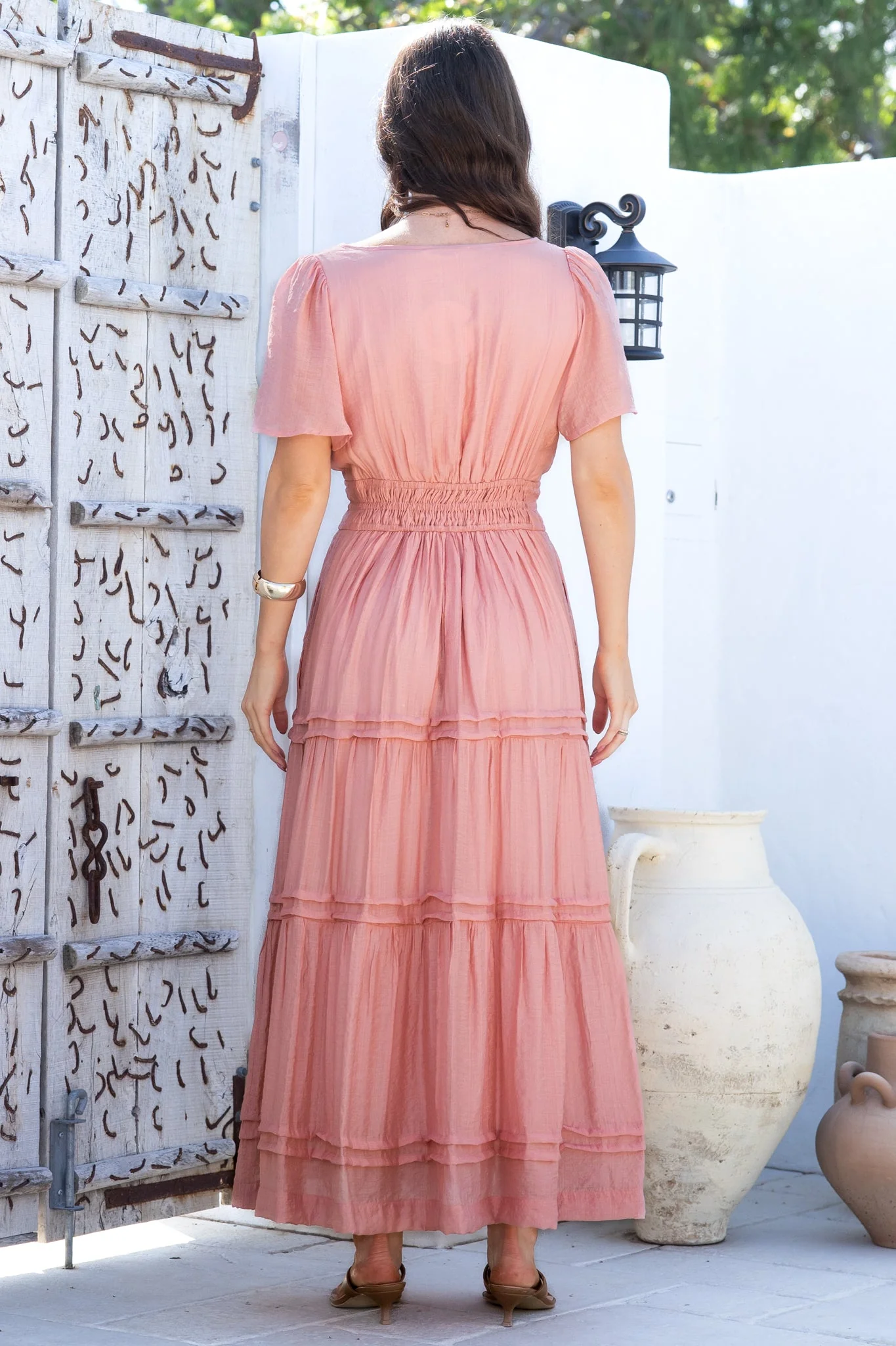 Payton Maxi Dress - Pleat Detailed A-Line Dress with Cap Flutter Sleeves in Blush - Image 8
