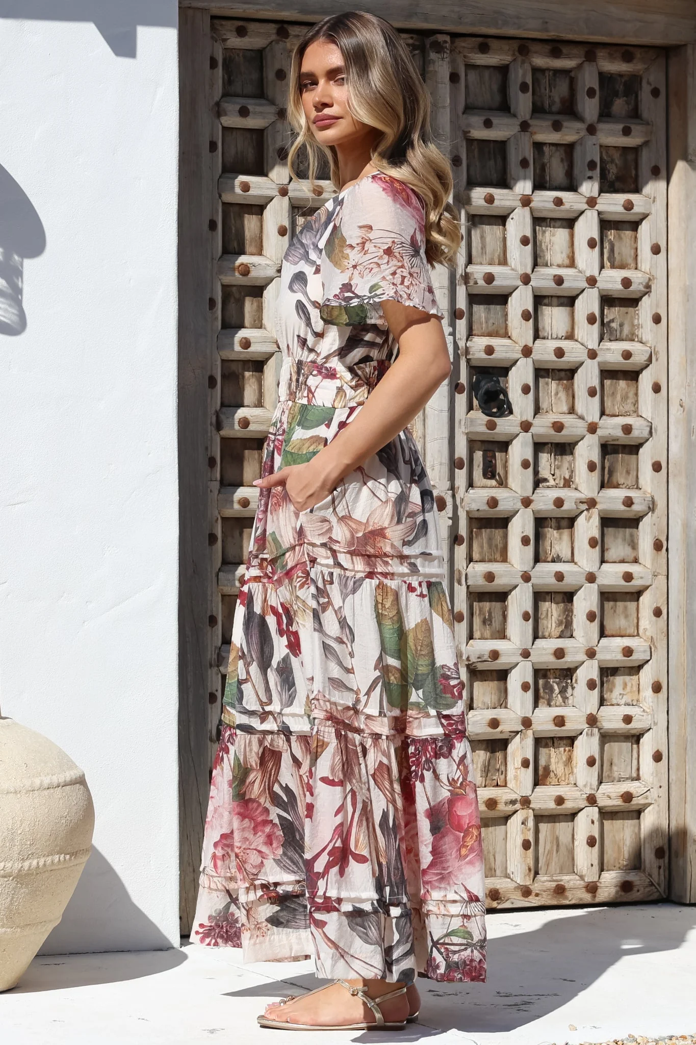 Payton Maxi Dress - Pleat Detailed A-Line Dress with Cap Flutter Sleeves in Leonor Print - Image 9