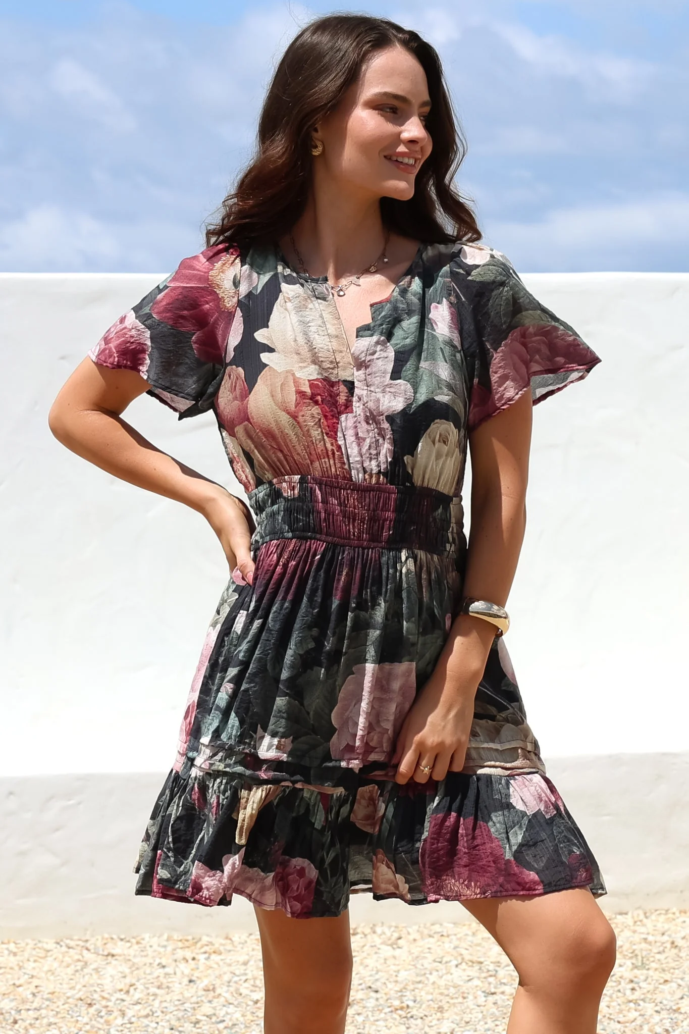 Payton Mini Dress - Pleat Detailed A-Line Dress with Cap Flutter Sleeves in Annalisa Print - Image 4