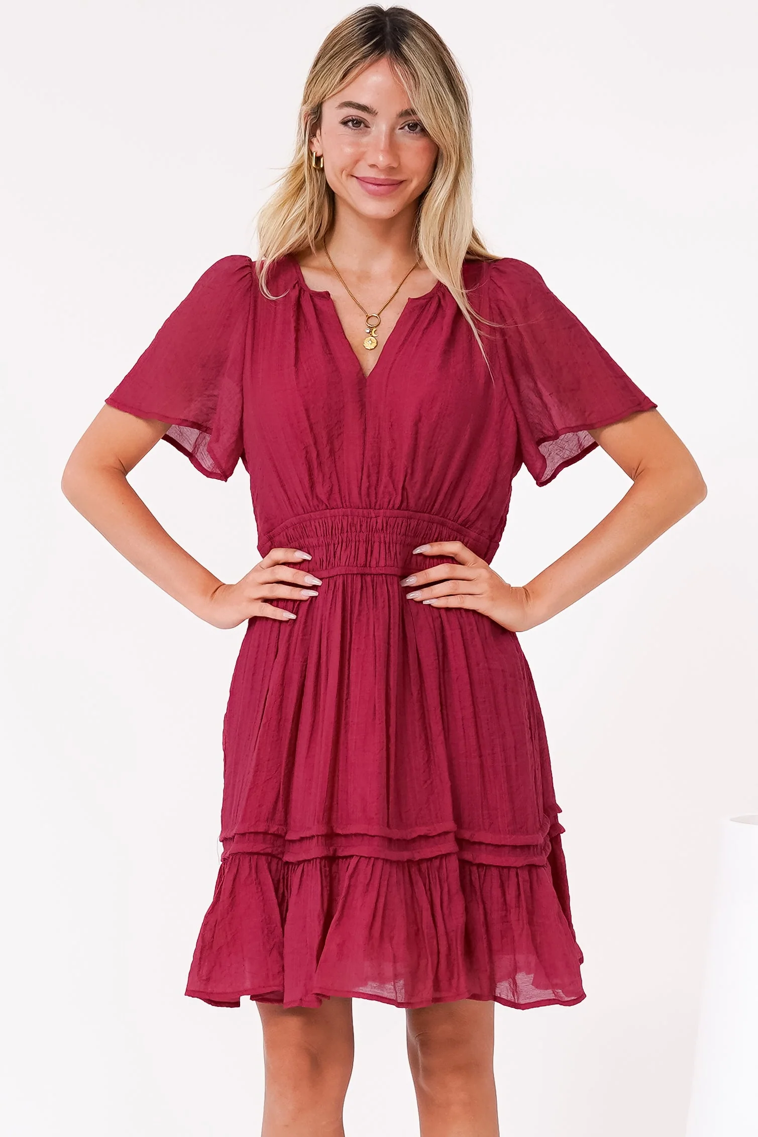 Payton Mini Dress - Pleat Detailed A-Line Dress with Cap Flutter Sleeves in Cherry Red - Image 3