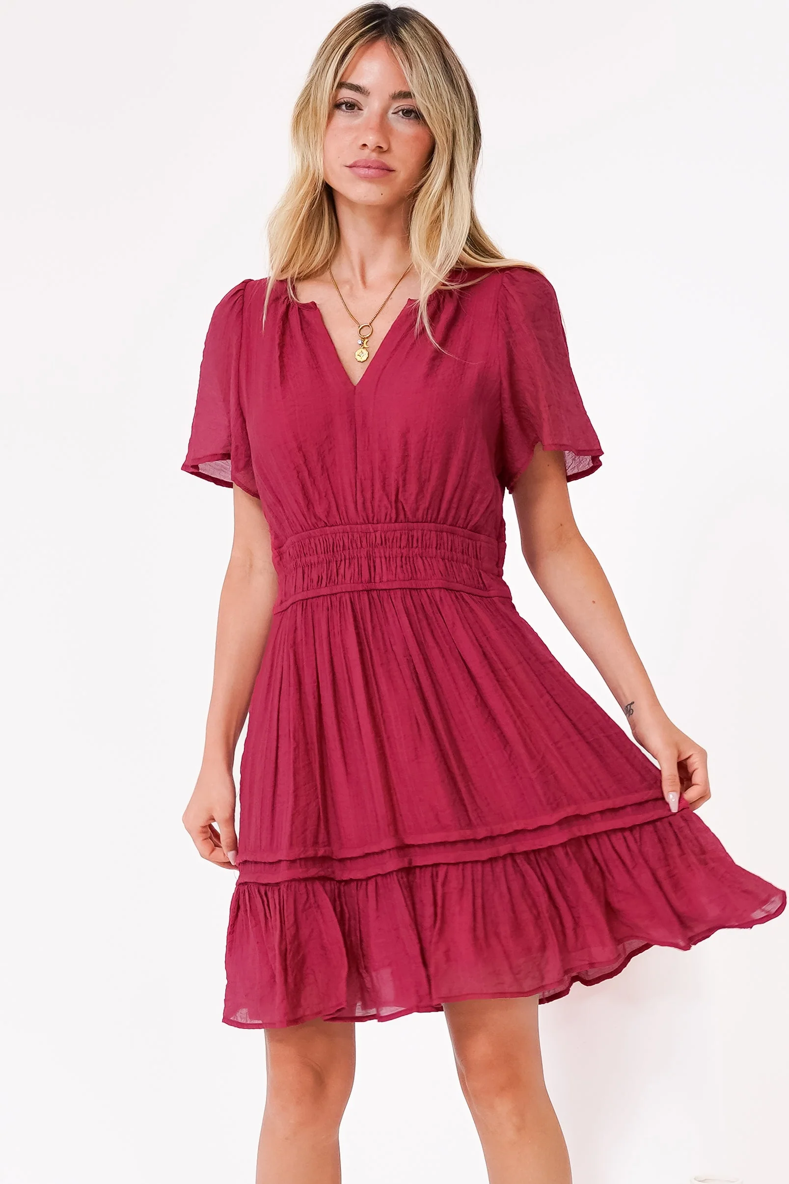 Payton Mini Dress - Pleat Detailed A-Line Dress with Cap Flutter Sleeves in Cherry Red - Image 4