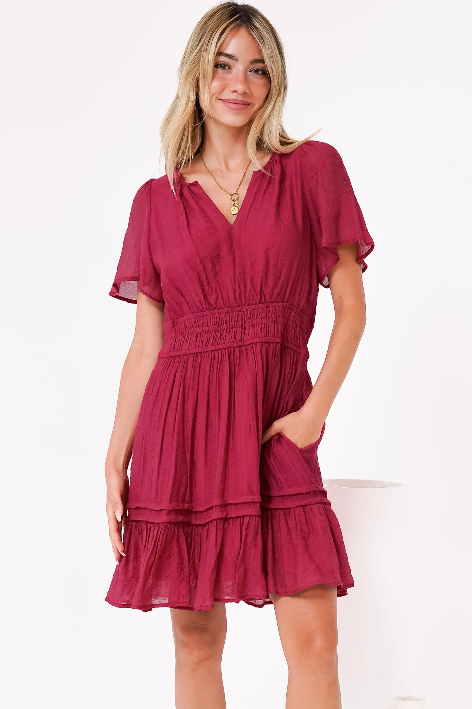 Payton Mini Dress - Pleat Detailed A-Line Dress with Cap Flutter Sleeves in Cherry Red - Image 5